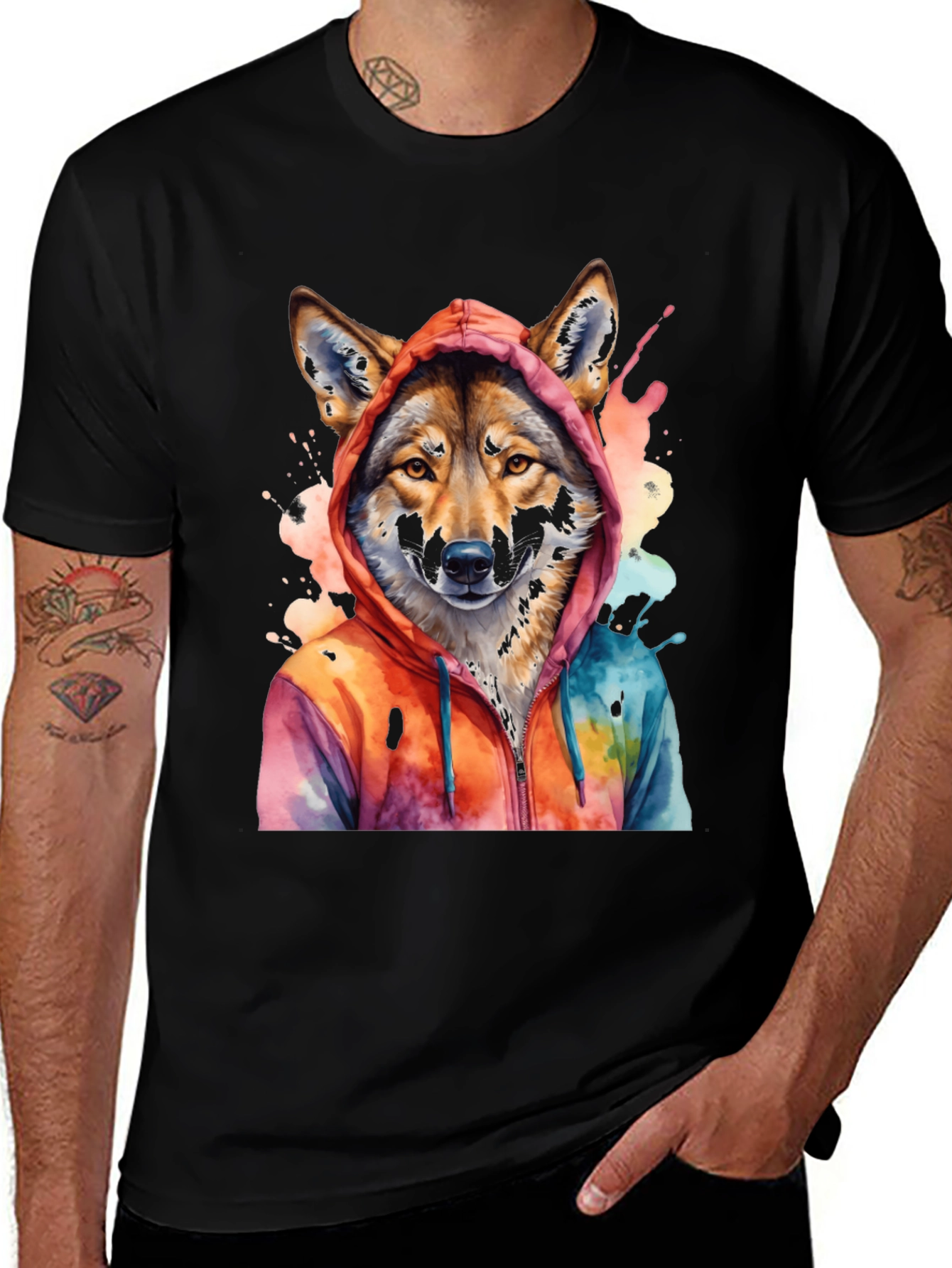 Black Watercolor Wolf Hoodie Graphic Tee main image