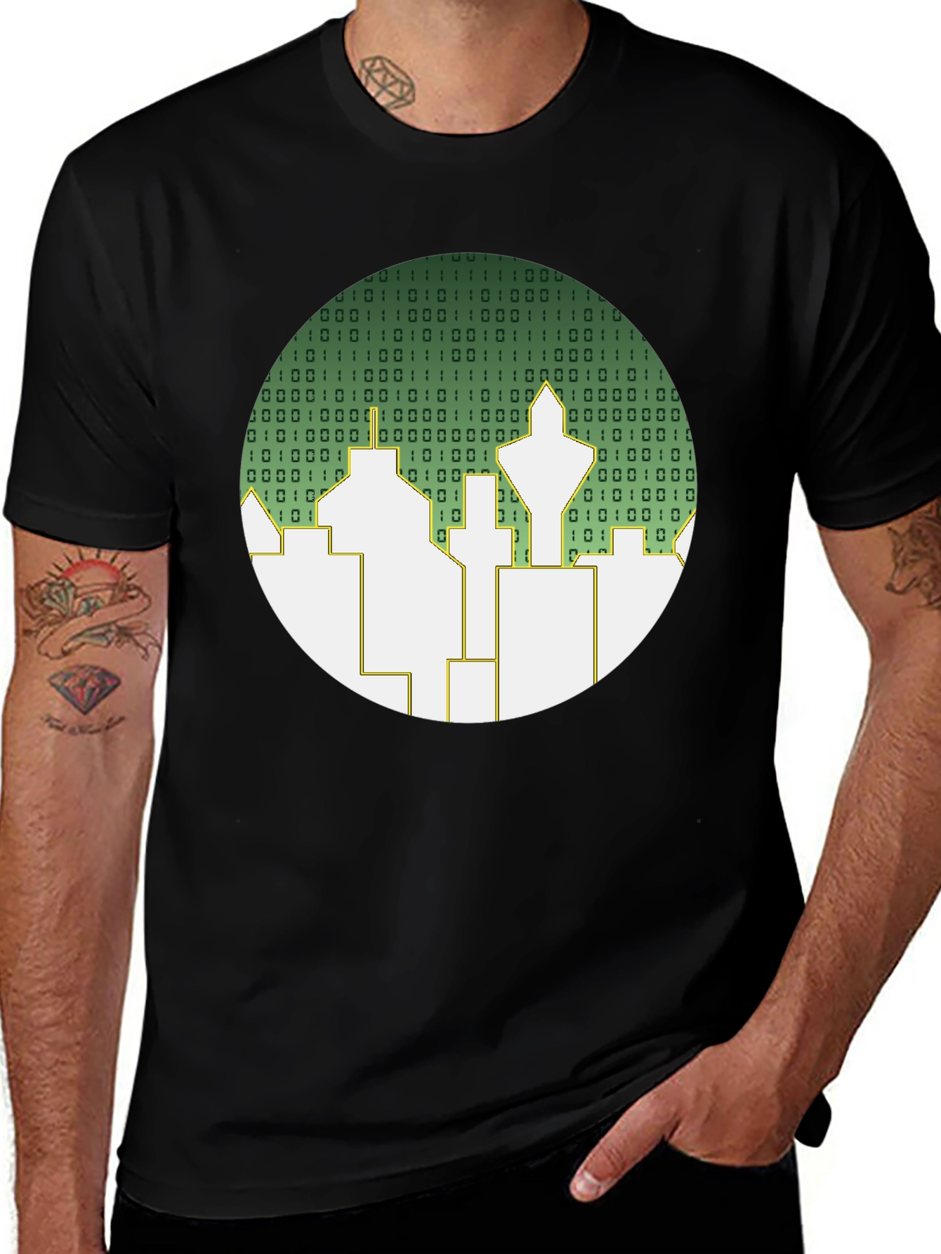 Variant 9 of Binary Code Cityscape Graphic Tee - Black