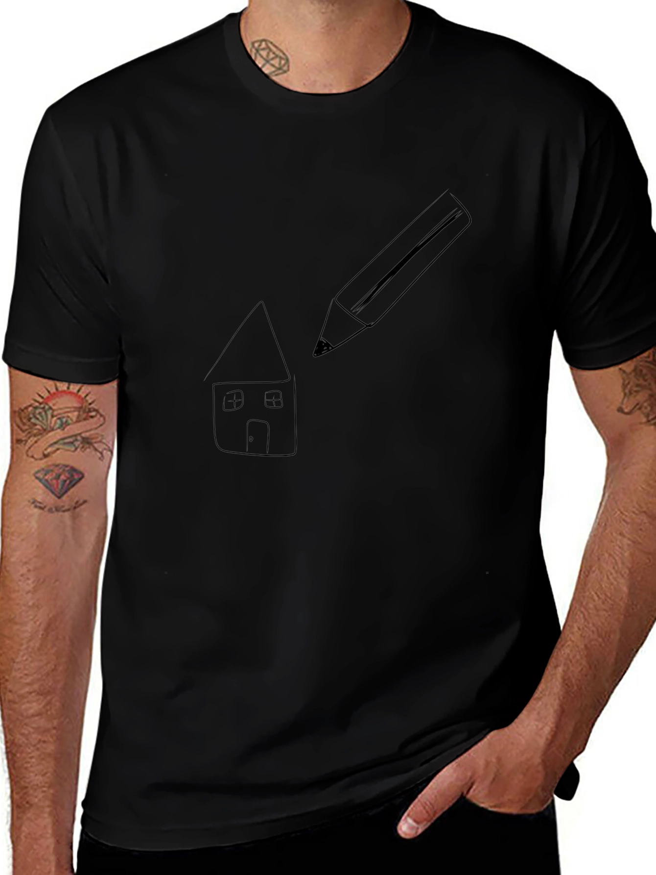 Camiseta Negra con Diseño de Casa y Lápiz