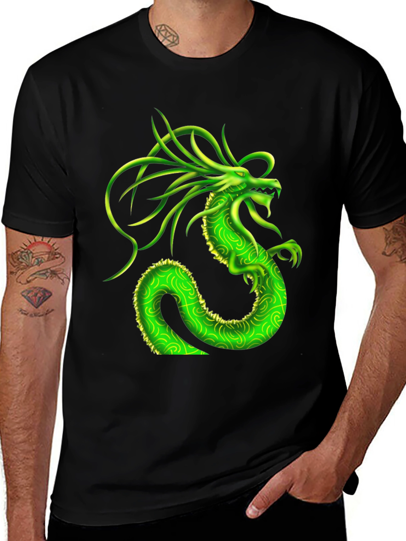Variant 24 of Green Dragon Graphic Tee - Men's Black T-Shirt