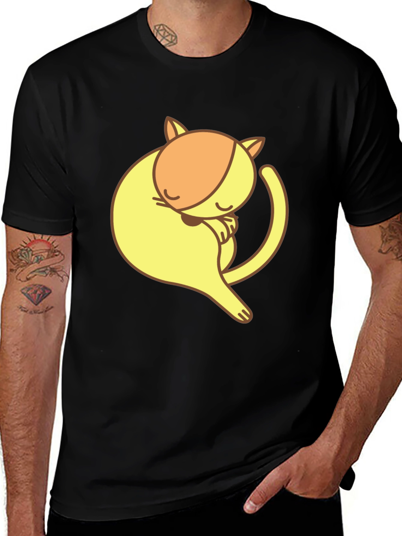 Variant 26 of Cute Sleeping Cat Graphic Tee - Black Cotton T-Shirt