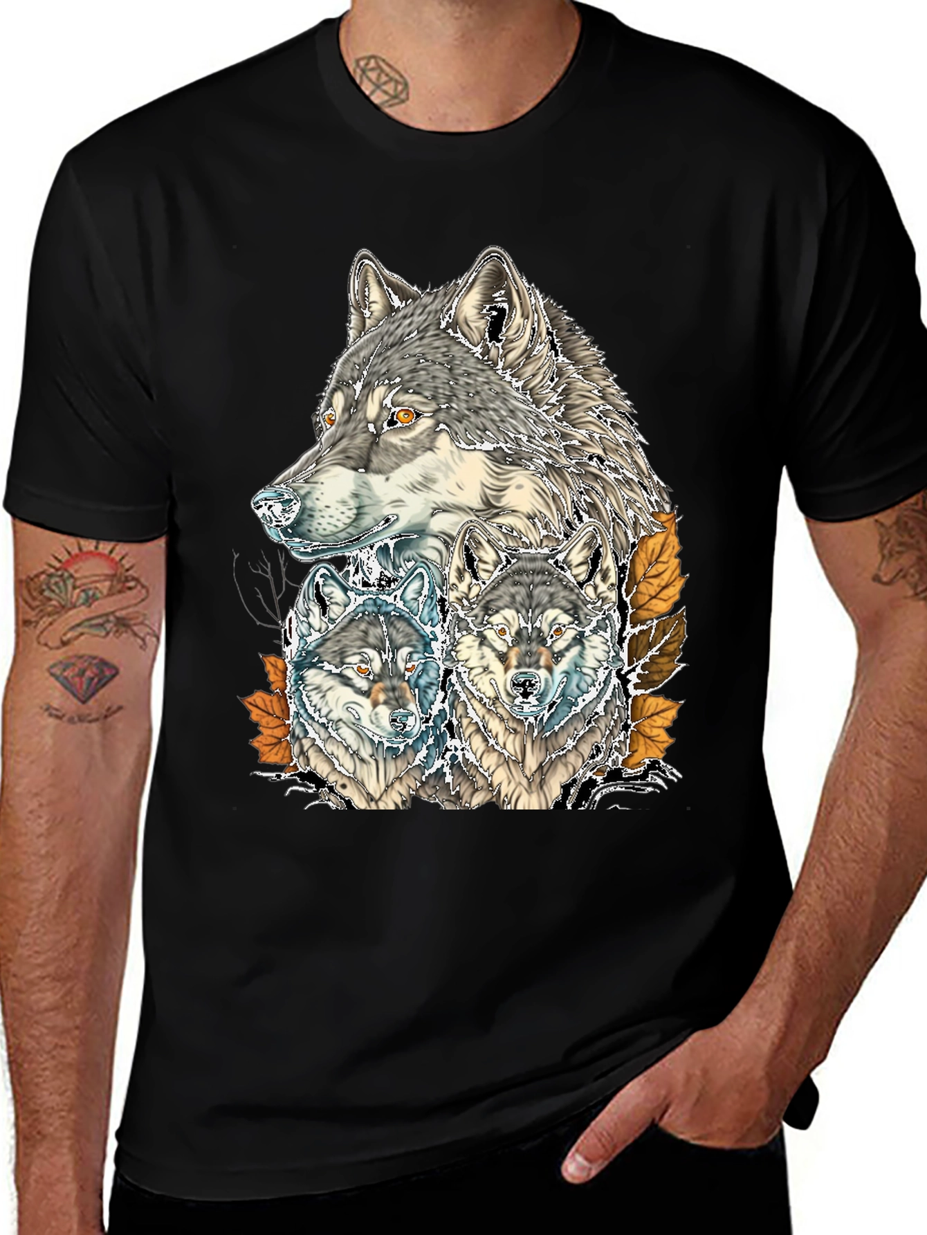 Variant 18 of Wolf Pack Graphic Print Tee - Black Cotton