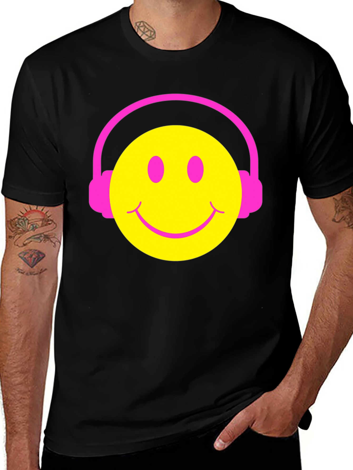 Variant 2 of Smiley Face Headphones Graphic Tee - Black