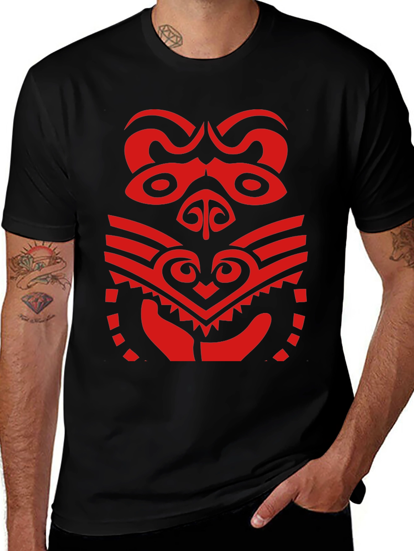 Variant 24 of Tribal Mask Graphic Tee - Bold Red Print on Black