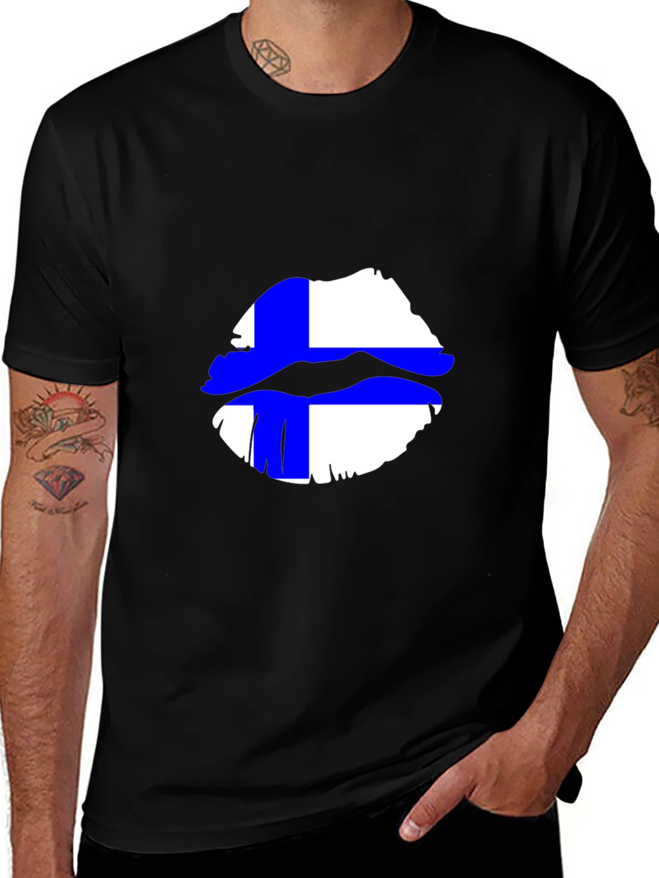 Finnish Flag Lips Graphic Black T-Shirt