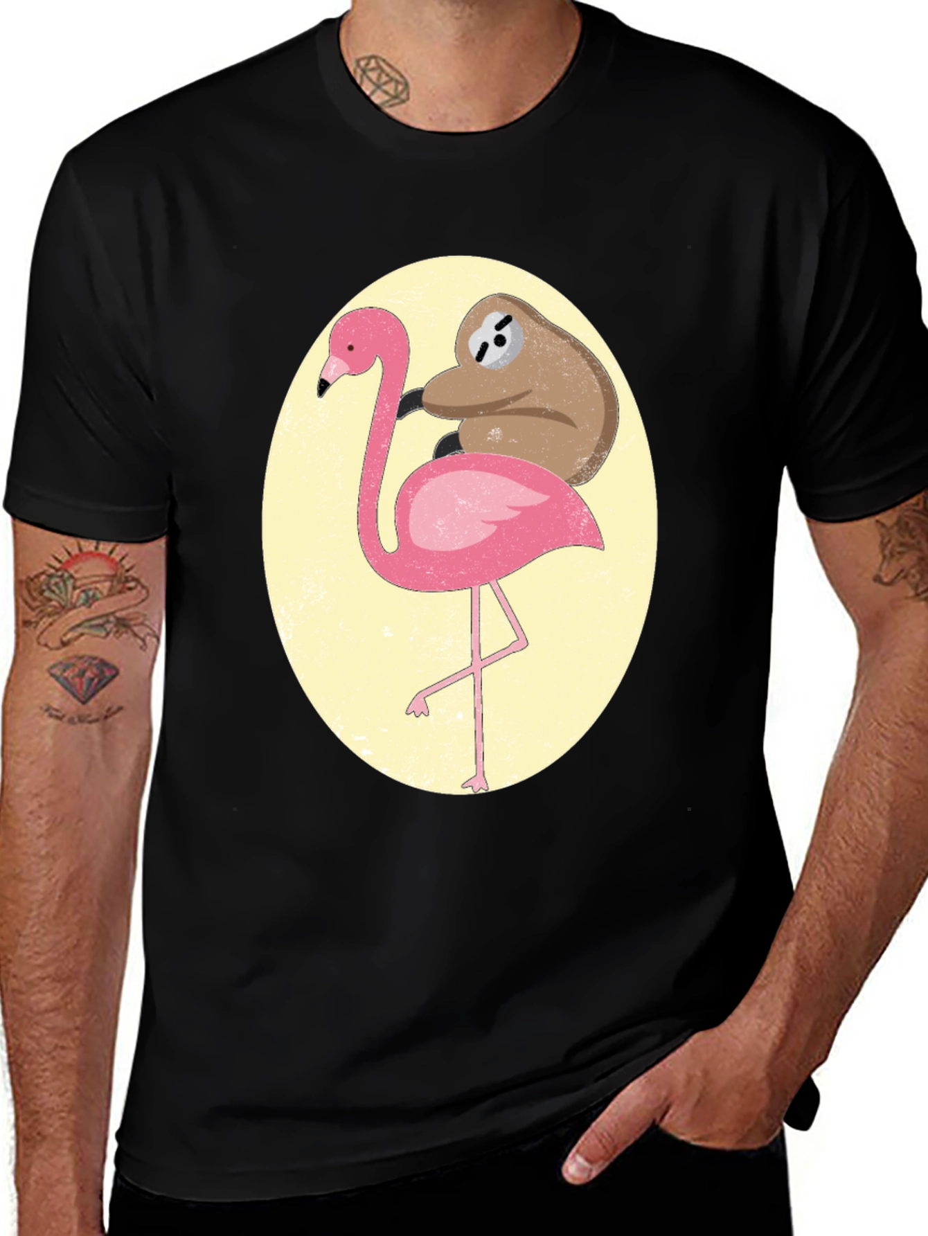 Black Sloth Riding Flamingo Graphic Tee - Black Cotton T-Shirt main image
