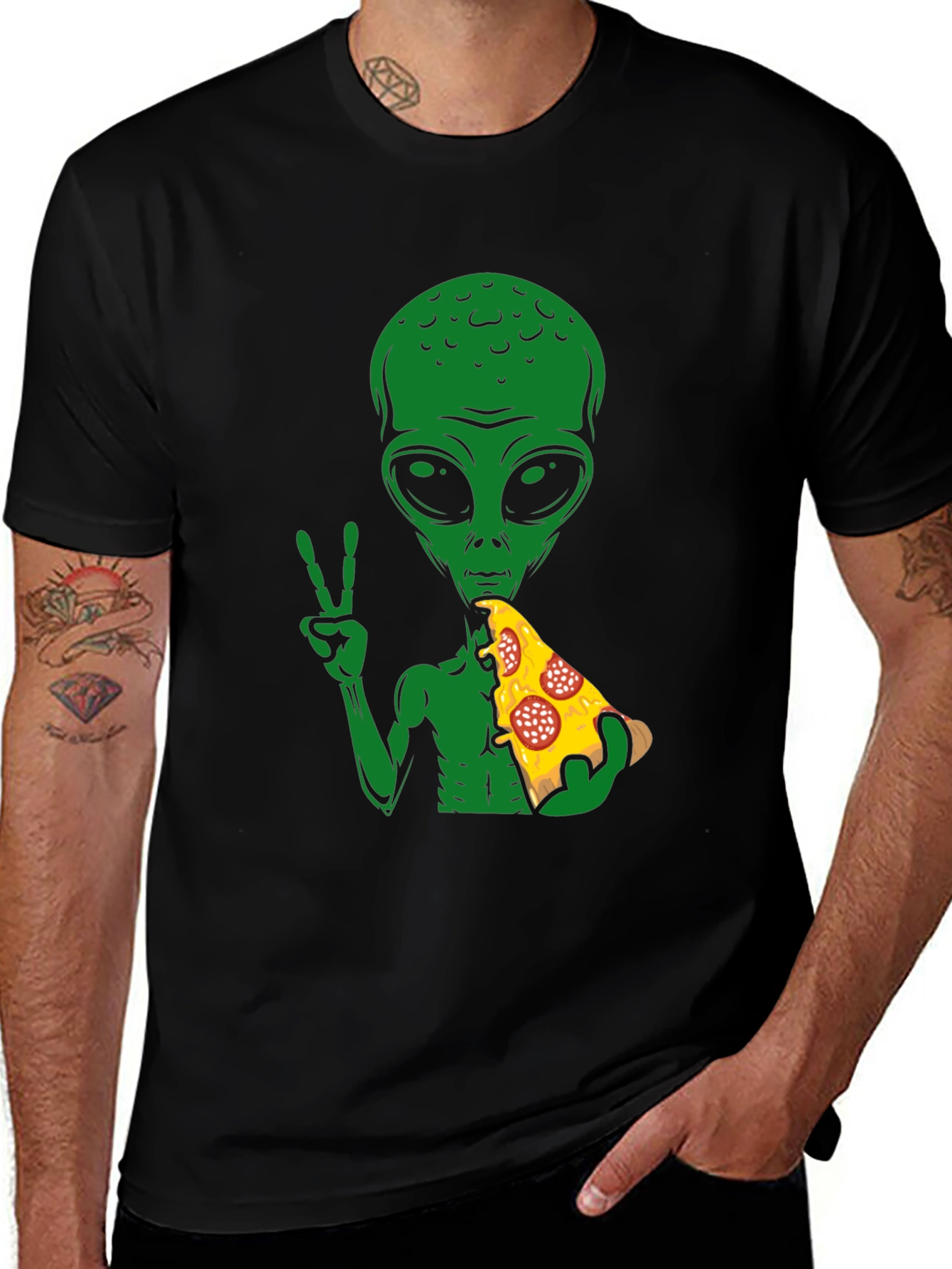 Variant 30 of Alien Pizza Peace Sign T-Shirt - Black