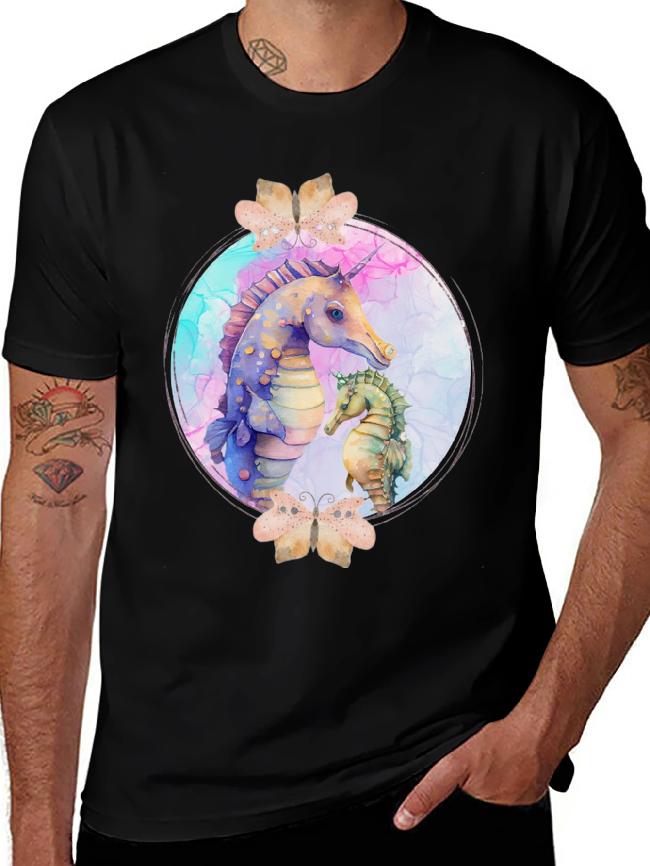 Variant 10 of Watercolor Seahorse T-Shirt - Black
