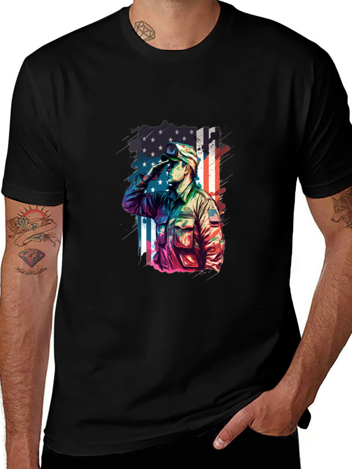 Patriotic Soldier Graphic T-Shirt - Men's Black Tee