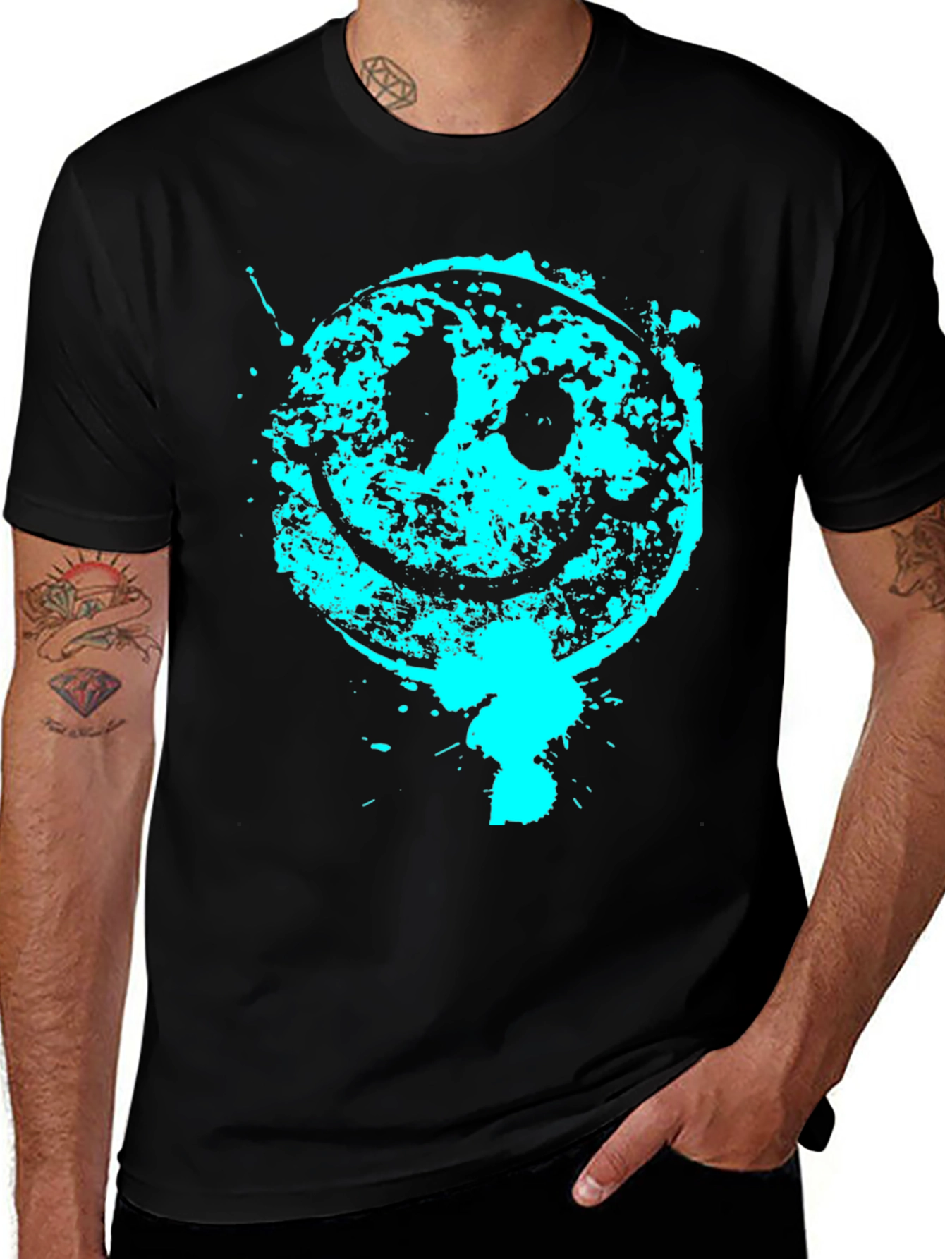 Variant 5 of Grunge Smiley Face Graphic Tee - Black Cotton Blend