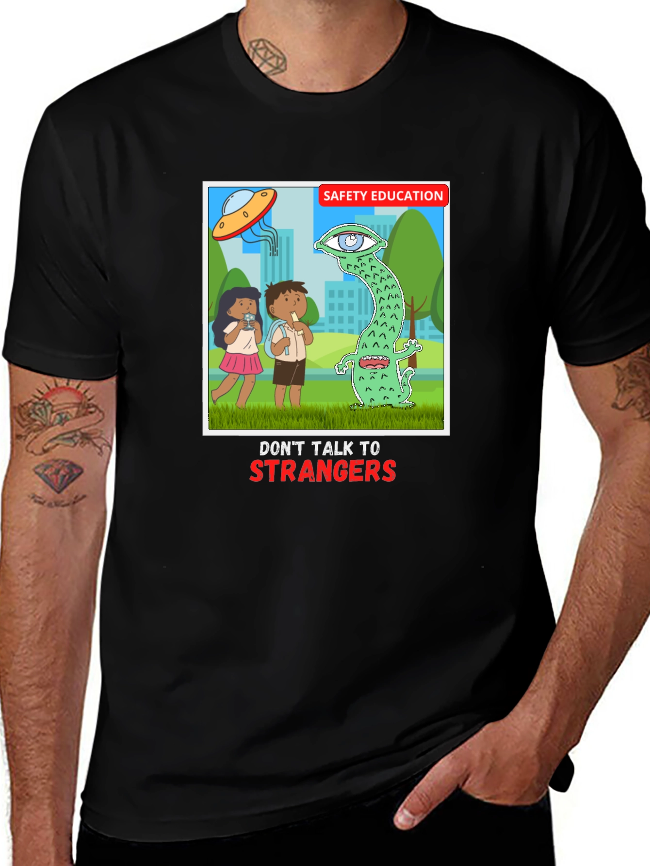 Variant 4 of Safety Education T-Shirt: Don't Talk to Strangers Graphic Tee