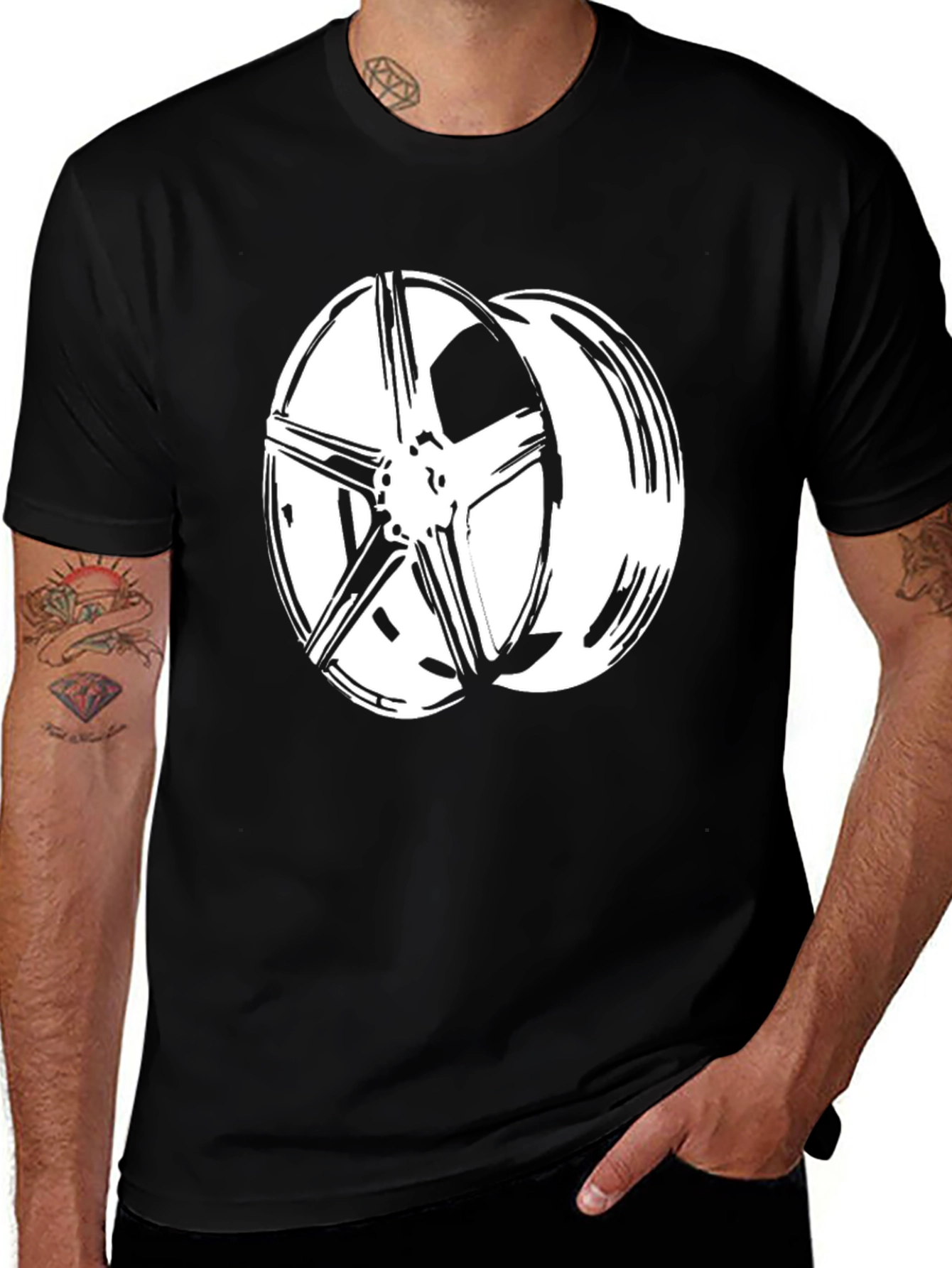 Black T-Shirt with White Wheel Design