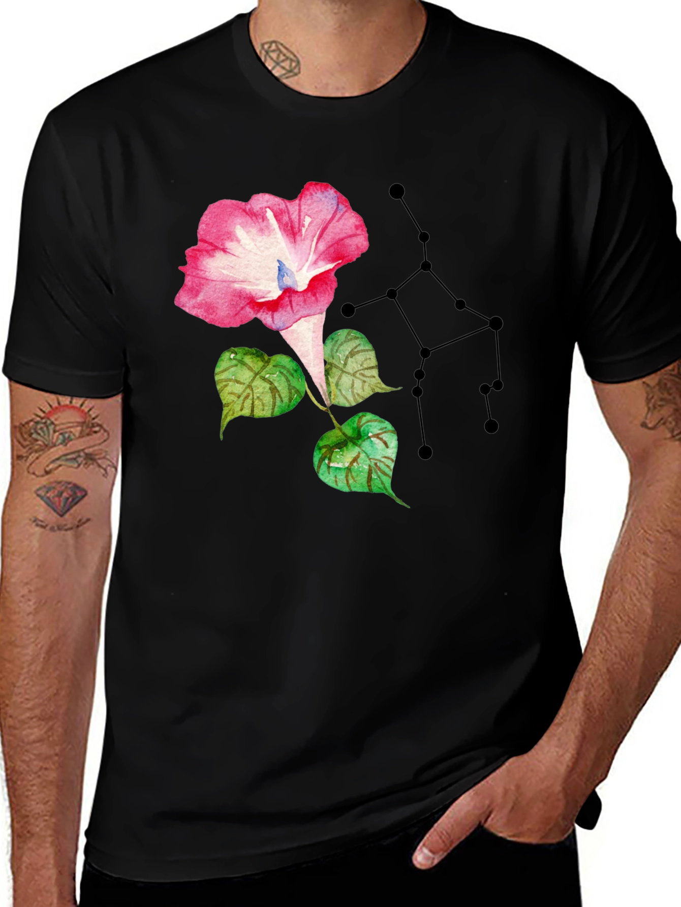 Variant 18 of Floral Constellation Graphic Tee - Stylish Black T-Shirt