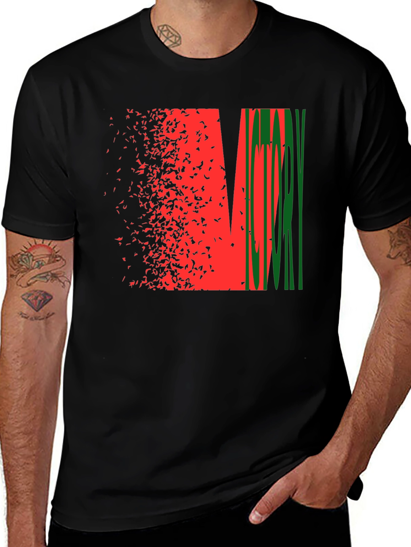 Variant 16 of Abstract Graphic Tee - Red & Green Design, Black Shirt
