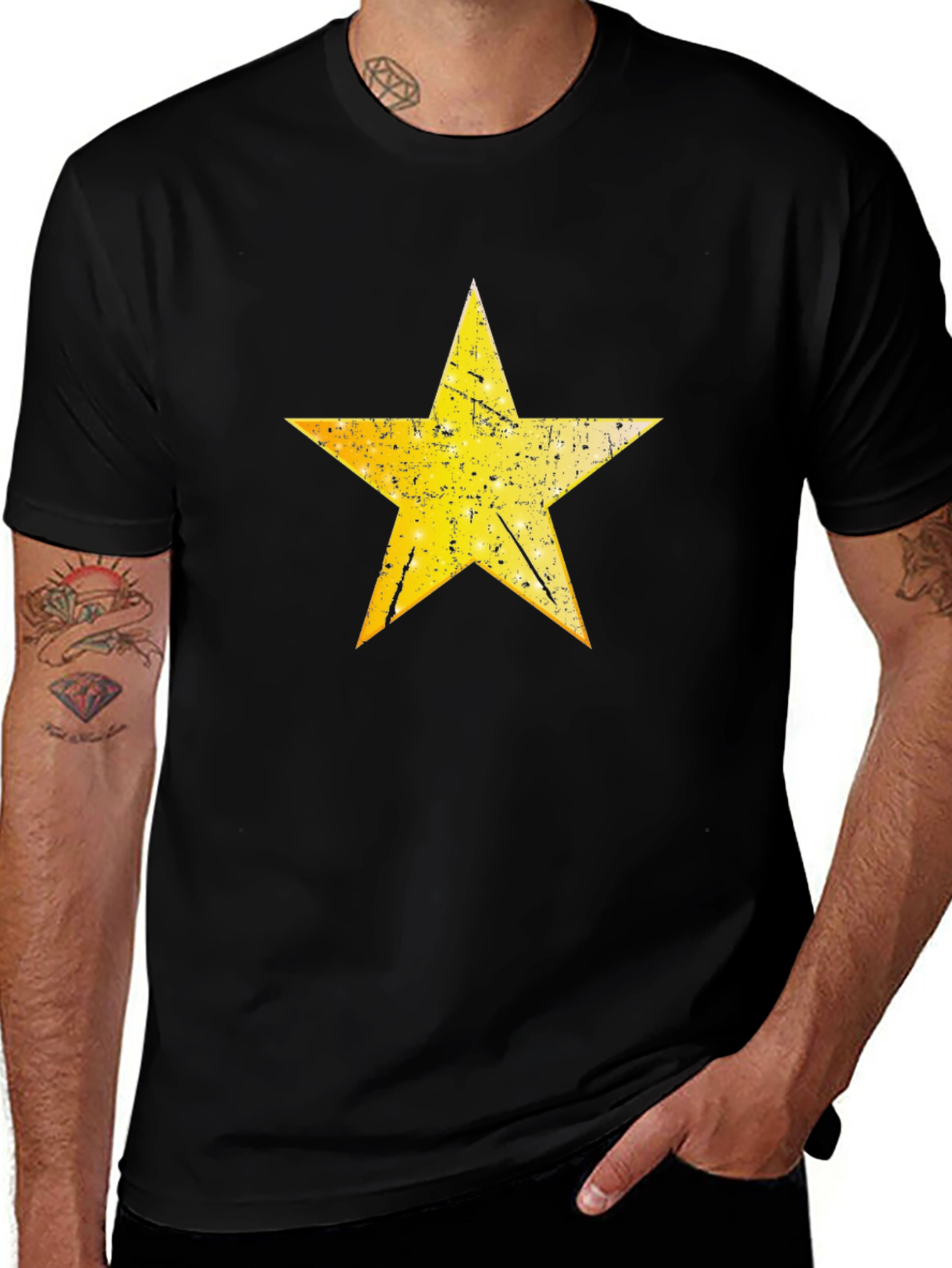 Variant 19 of Distressed Yellow Star Graphic Black T-Shirt