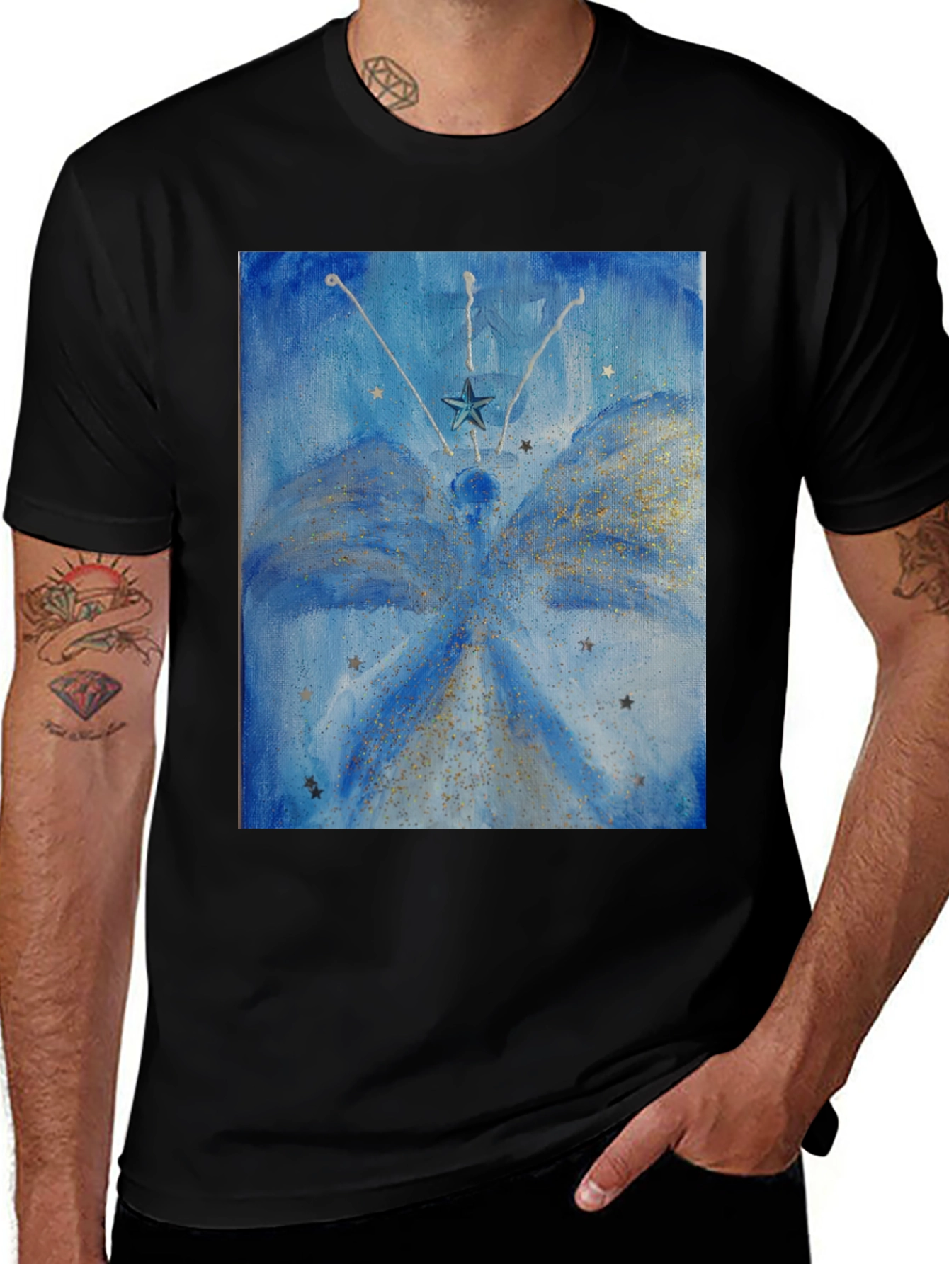 Variant 7 of Celestial Star Angel Graphic Tee - Men's Black T-Shirt