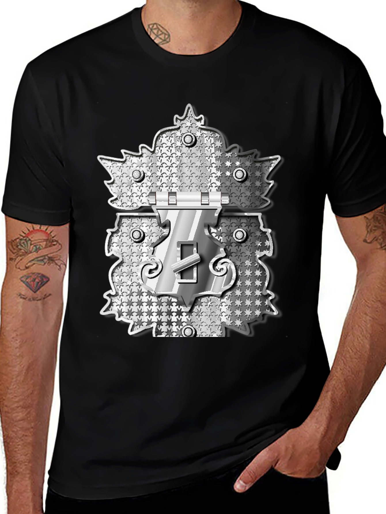Variant 15 of Novelty Black T-Shirt with Silver Lock Design
