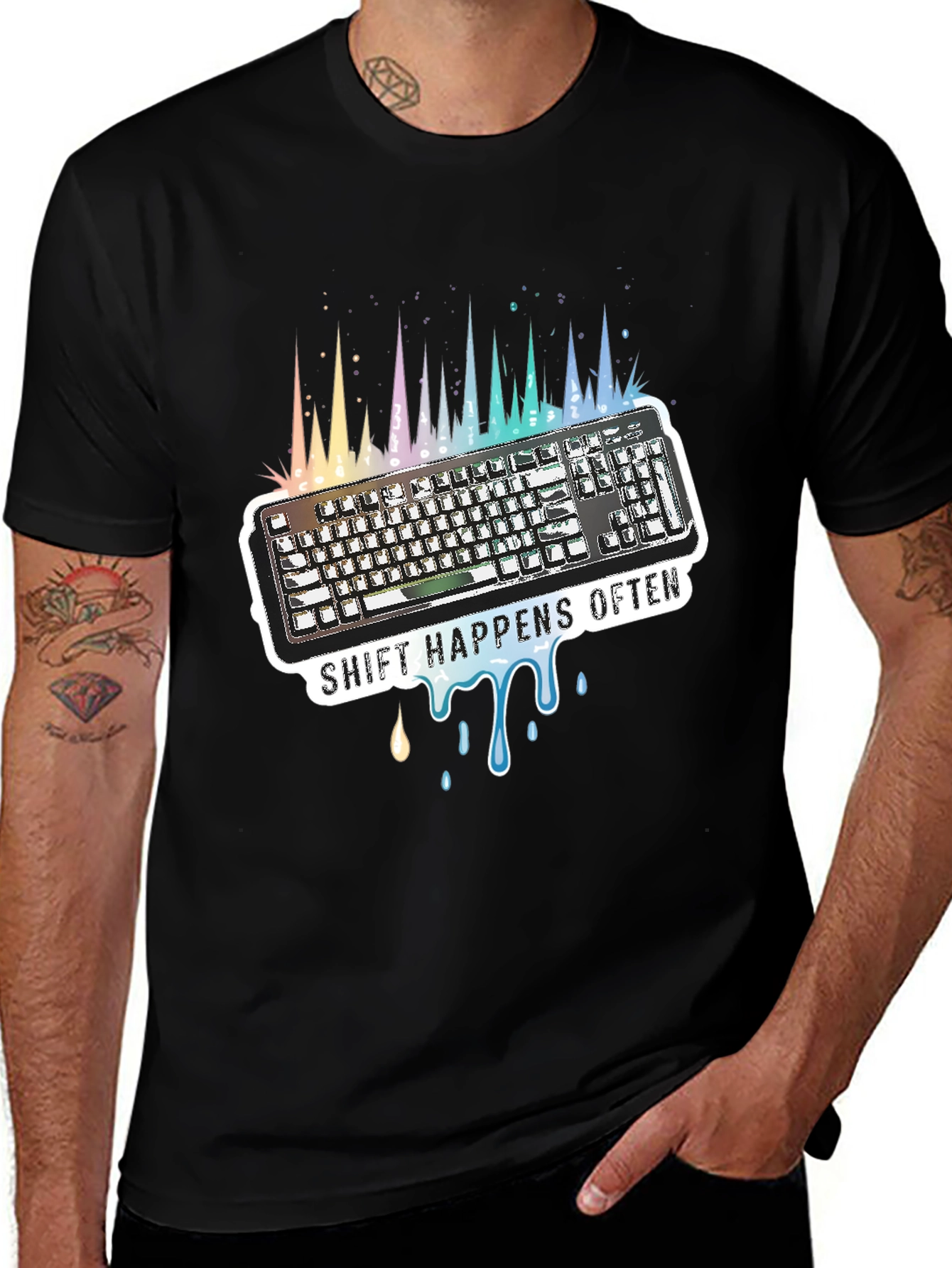 Black Shift Happens Often Keyboard T-Shirt main image