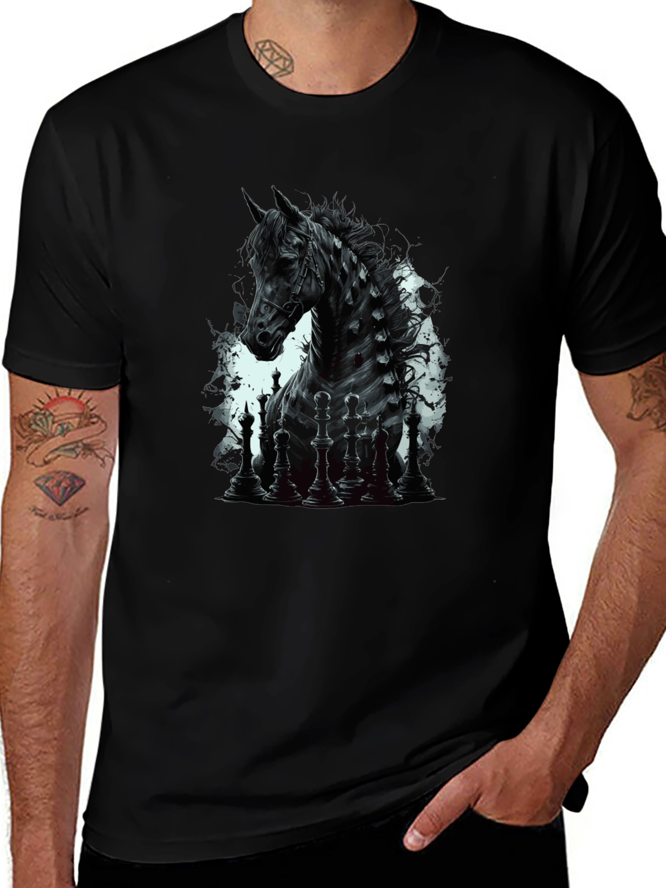 Chess Horse Graphic Tee - Stylish Black T-Shirt