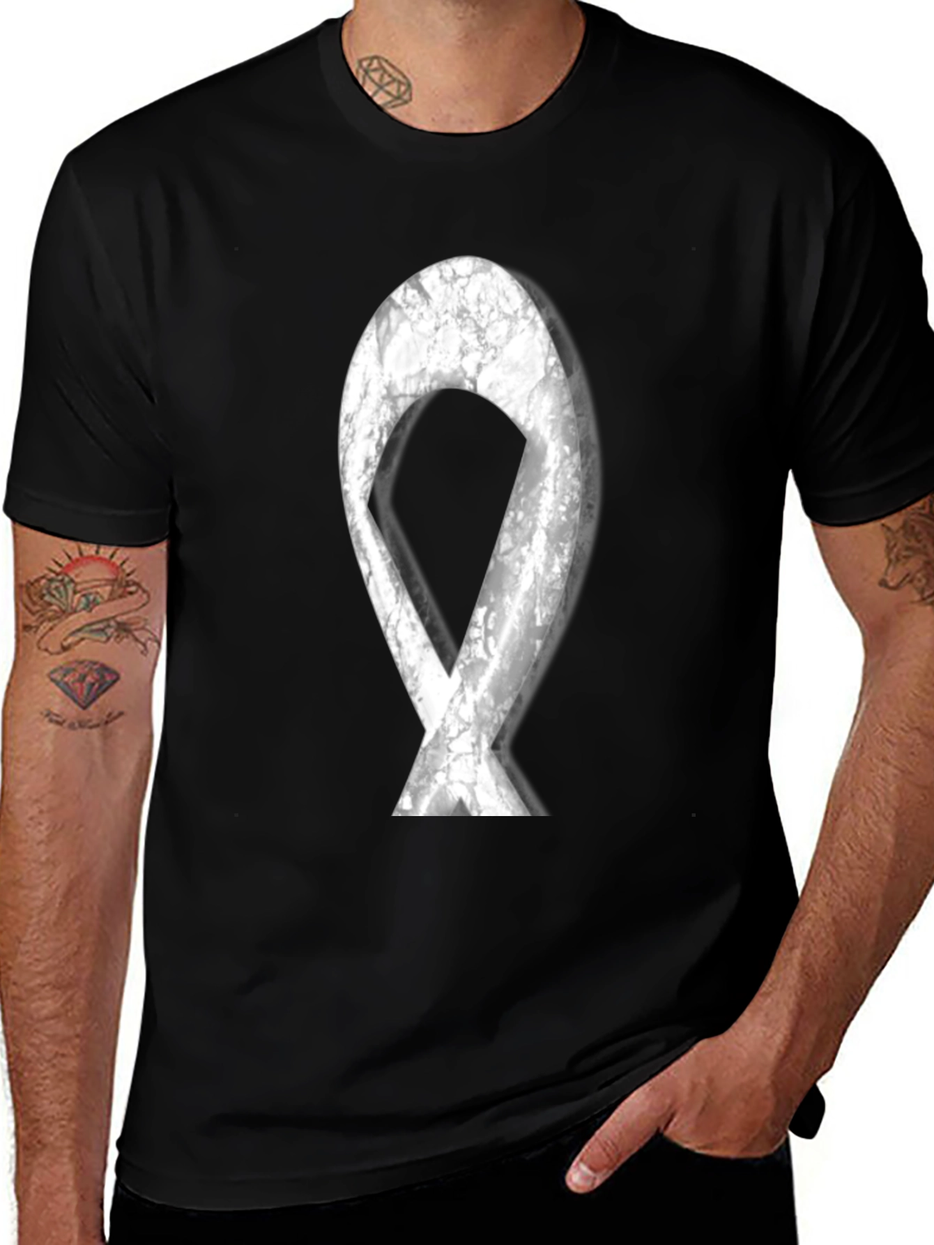 Variant 9 of Textured White Ribbon Graphic Black T-Shirt