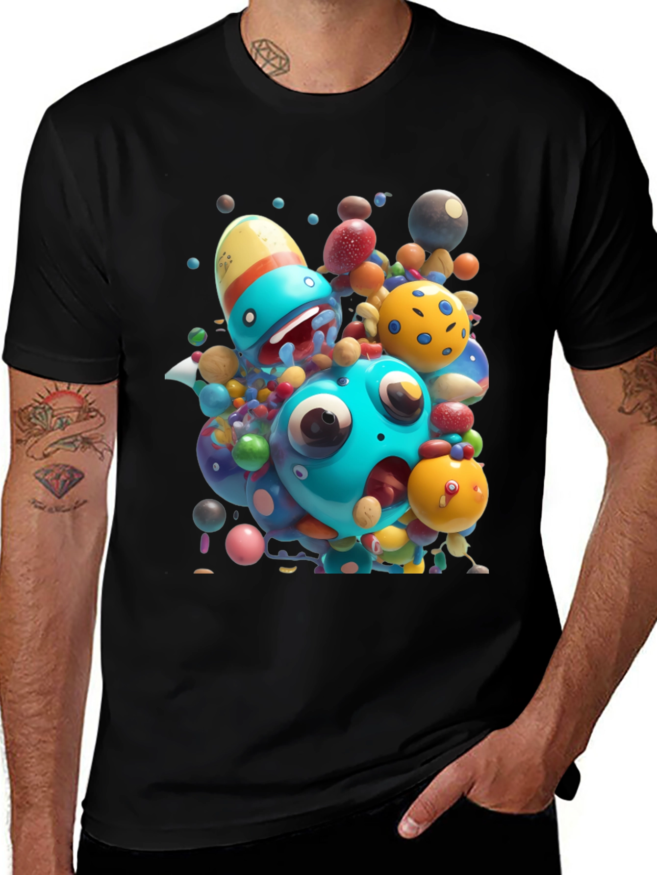 Variant 23 of Cartoon Monster Graphic Black T-Shirt