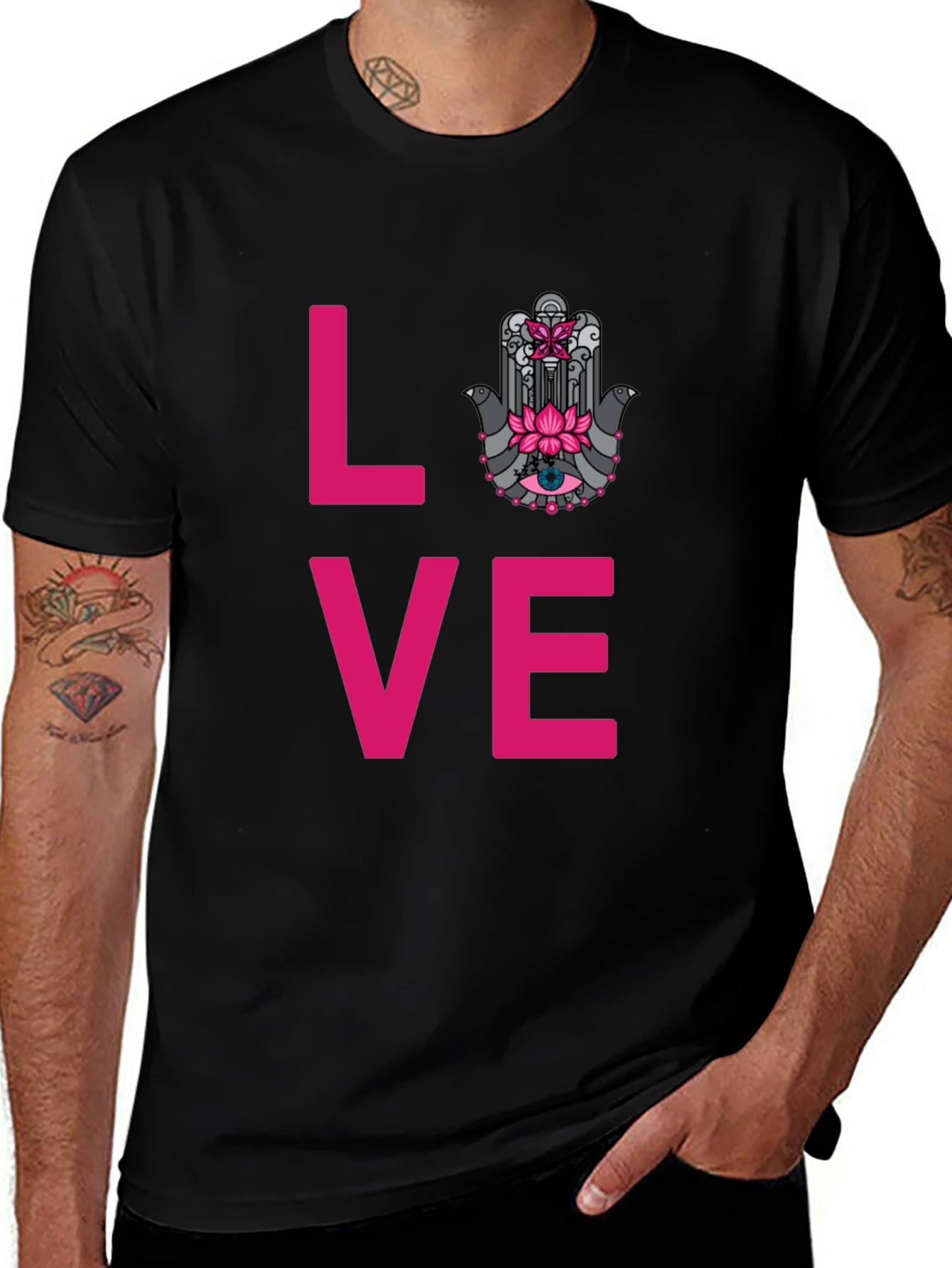 Variant 22 of Love Hamsa Graphic Tee - Stylish Men's Black T-Shirt