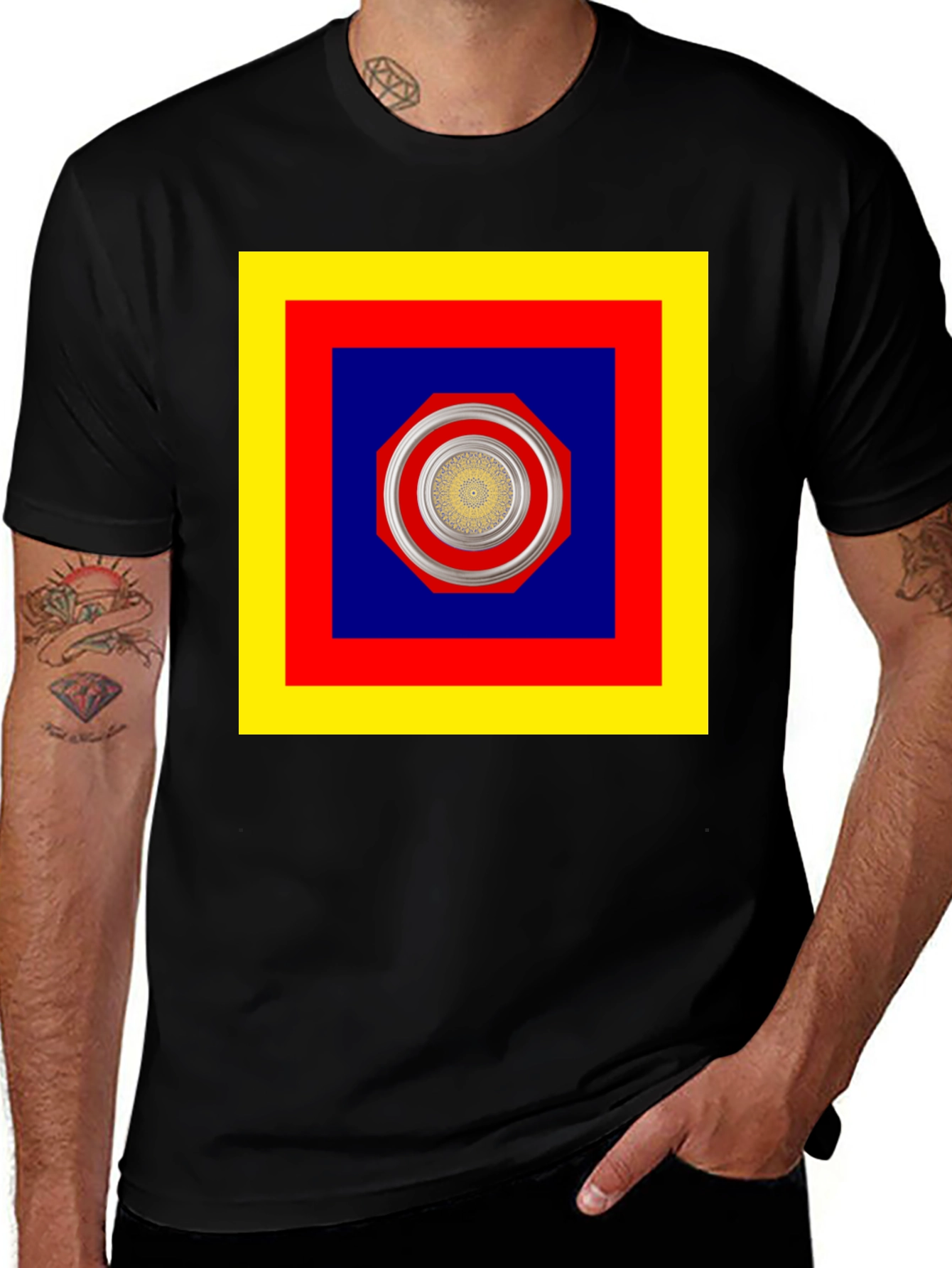 Variant 10 of Geometric Square Mandala Print Black T-Shirt