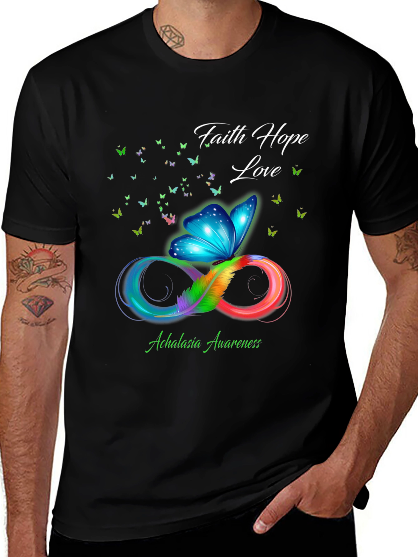 Achalasia Awareness T-Shirt: Faith, Hope, Love, Butterfly Infinity