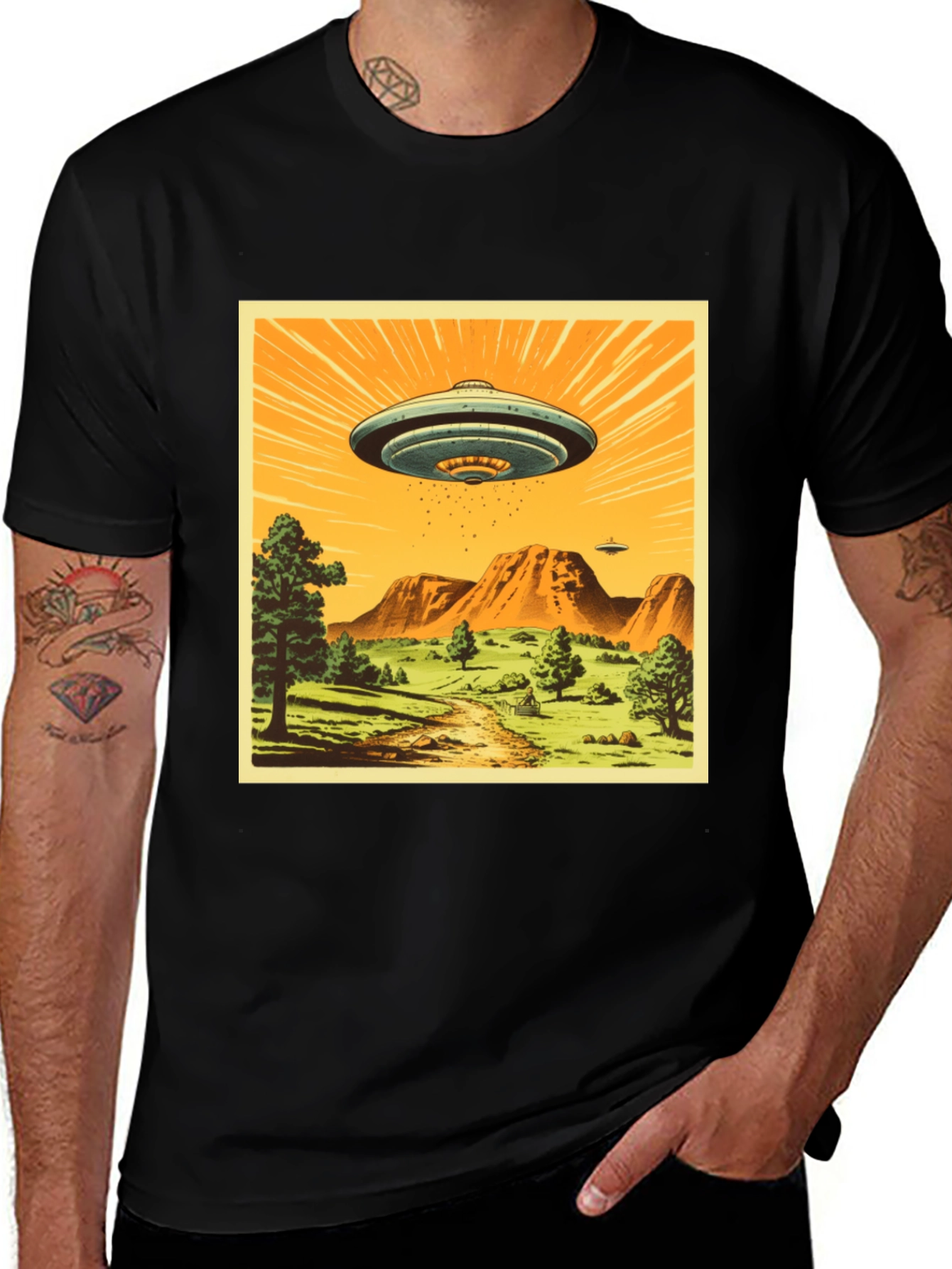 UFO Graphic Print T-Shirt - Black Crew Neck Tee