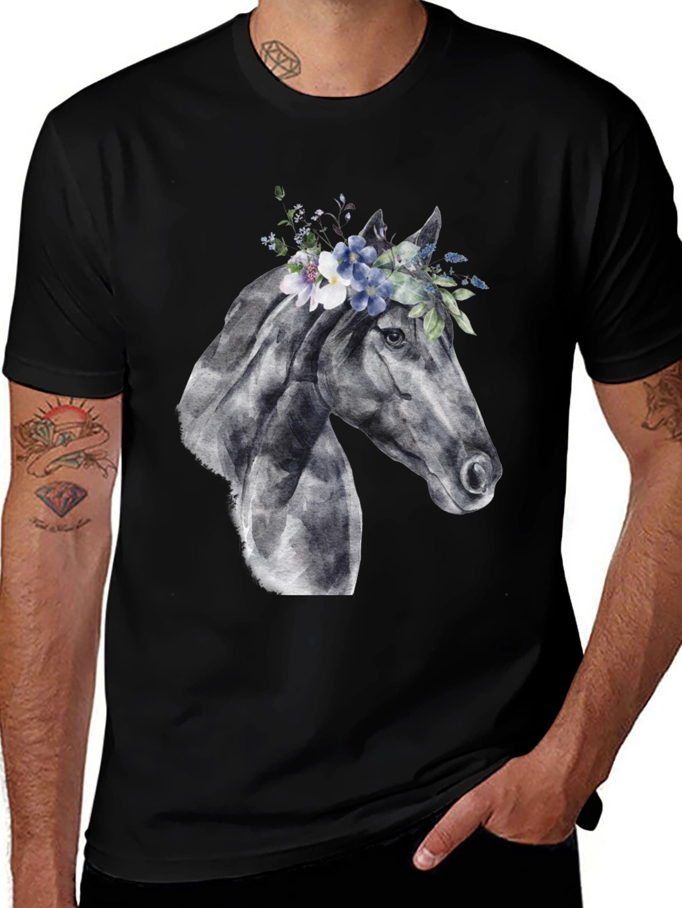 Variant 16 of Horse Floral Wreath Graphic T-Shirt - Men's Black Tee