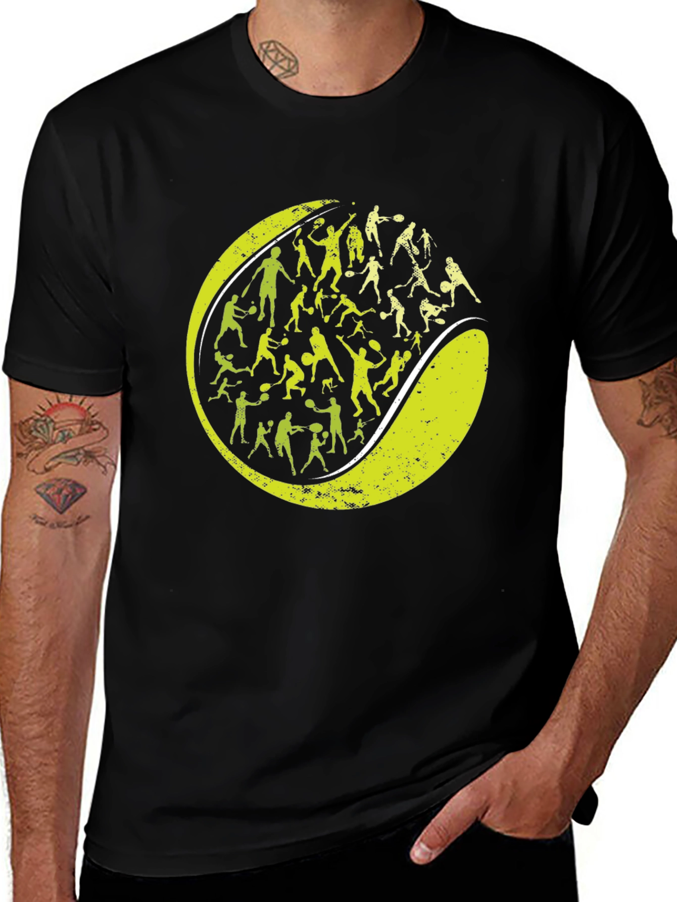 Variant 29 of Tennis Players Graphic Tee - Round Design Black Shirt