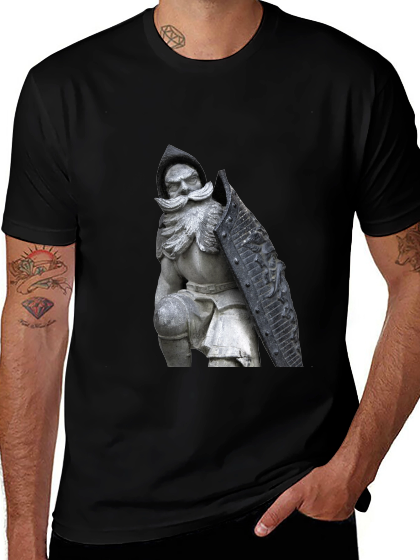 Variant 25 of Black T-Shirt with Knight Statue Design
