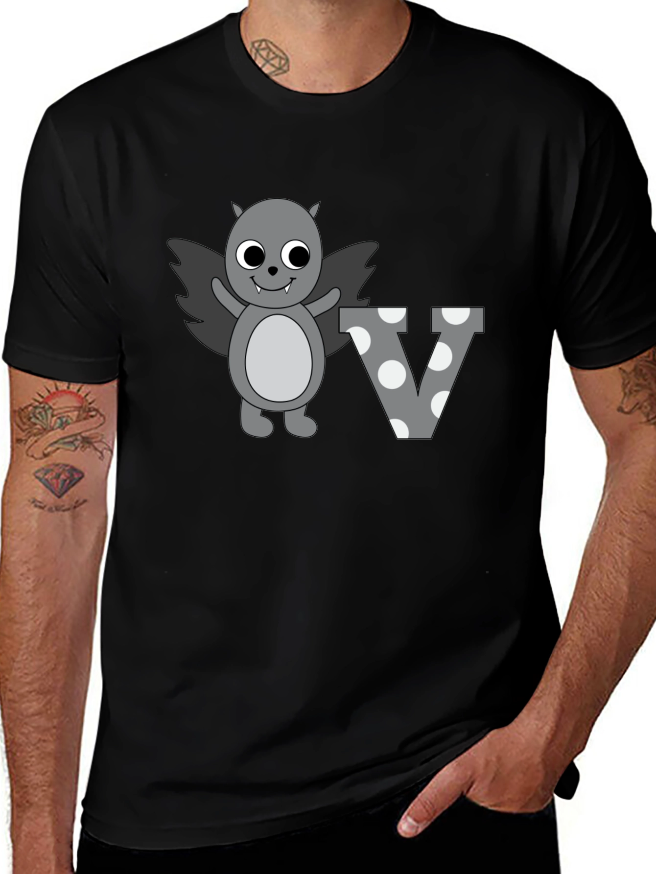 Variant 27 of Cute Cartoon Bat Letter V Graphic Tee - Black
