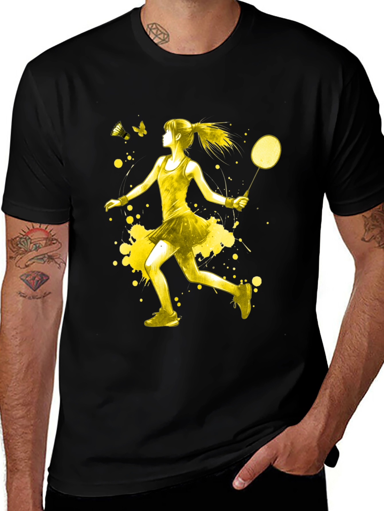 Variant 24 of Badminton Player Graphic T-Shirt - Yellow Art Design
