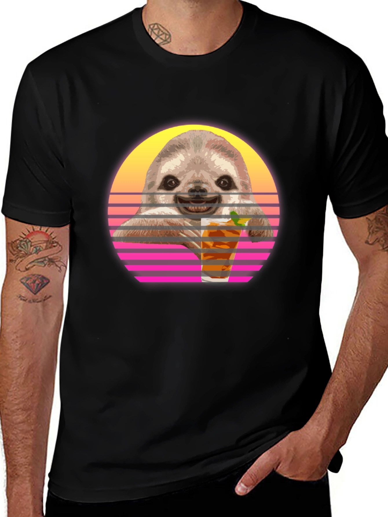 Variant 2 of Retro Sloth Sipping T-Shirt - Black