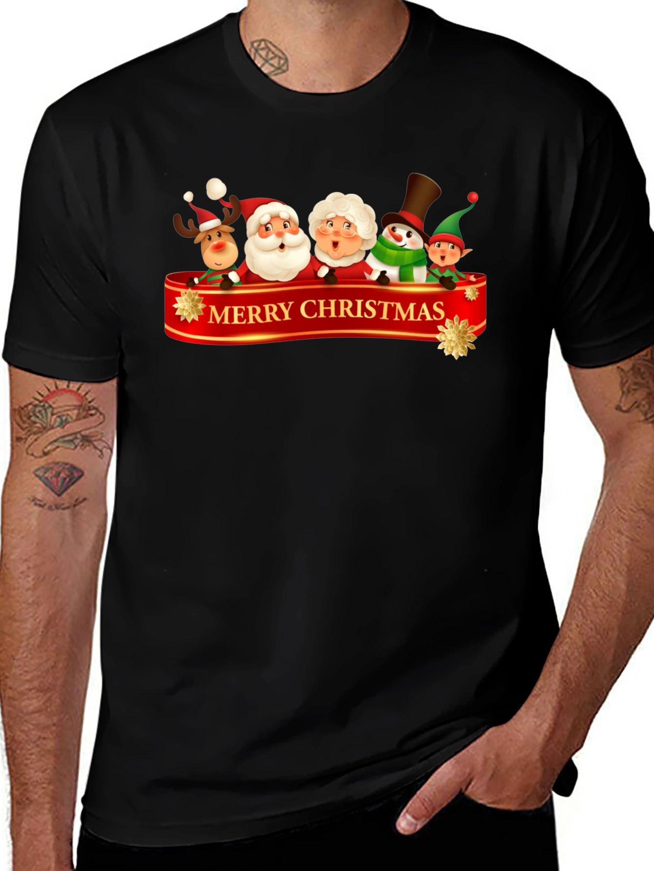 Merry Christmas Cartoon Graphic Black T-Shirt