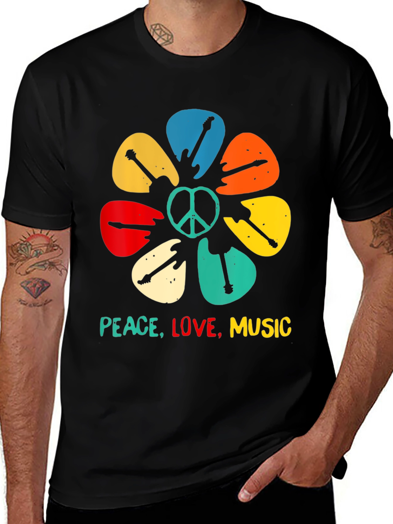 Variant 17 of Peace Love Music Guitar Pick Flower T-Shirt