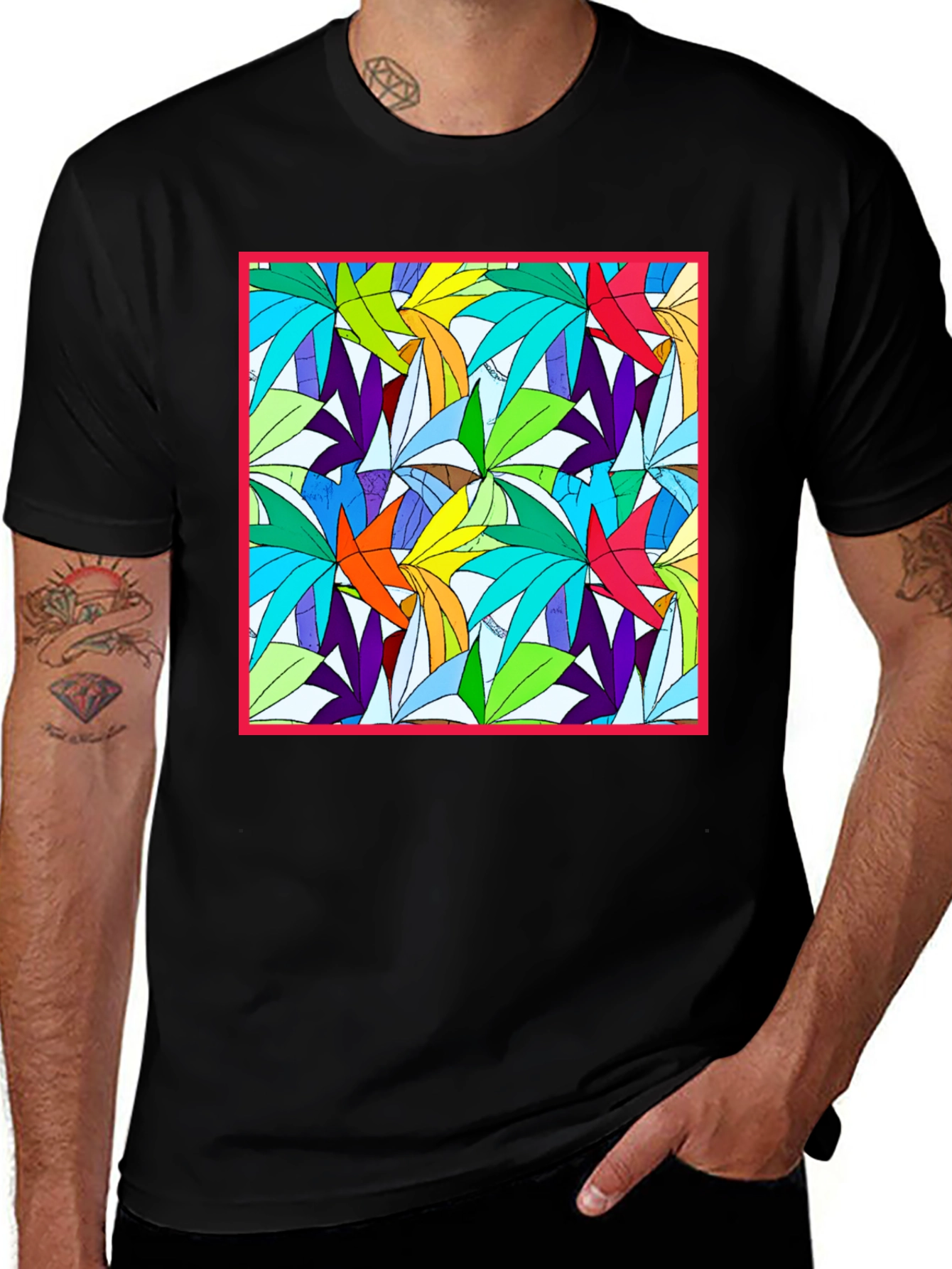 Variant 3 of Abstract Geometric Leaf Print Black T-Shirt