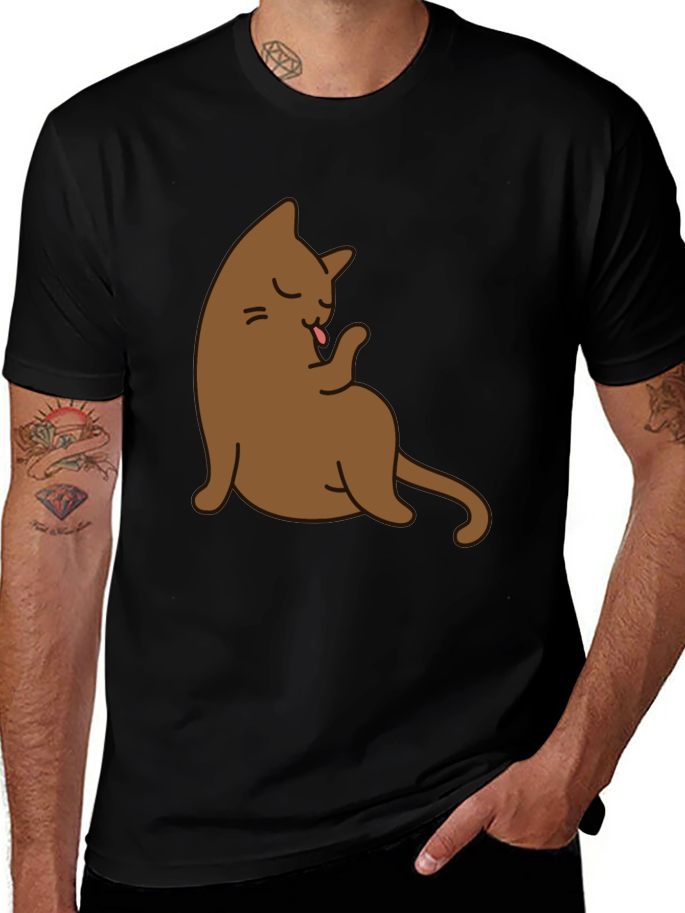 Variant 29 of Funny Cat Licking Paw Graphic Tee - Black