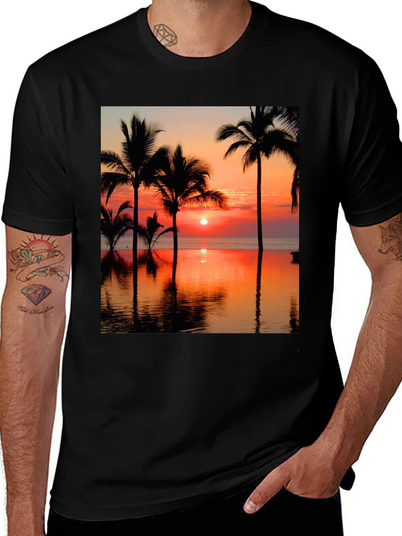 Variant 18 of Tropical Sunset Palm Tree Graphic Tee - Black Cotton T-Shirt