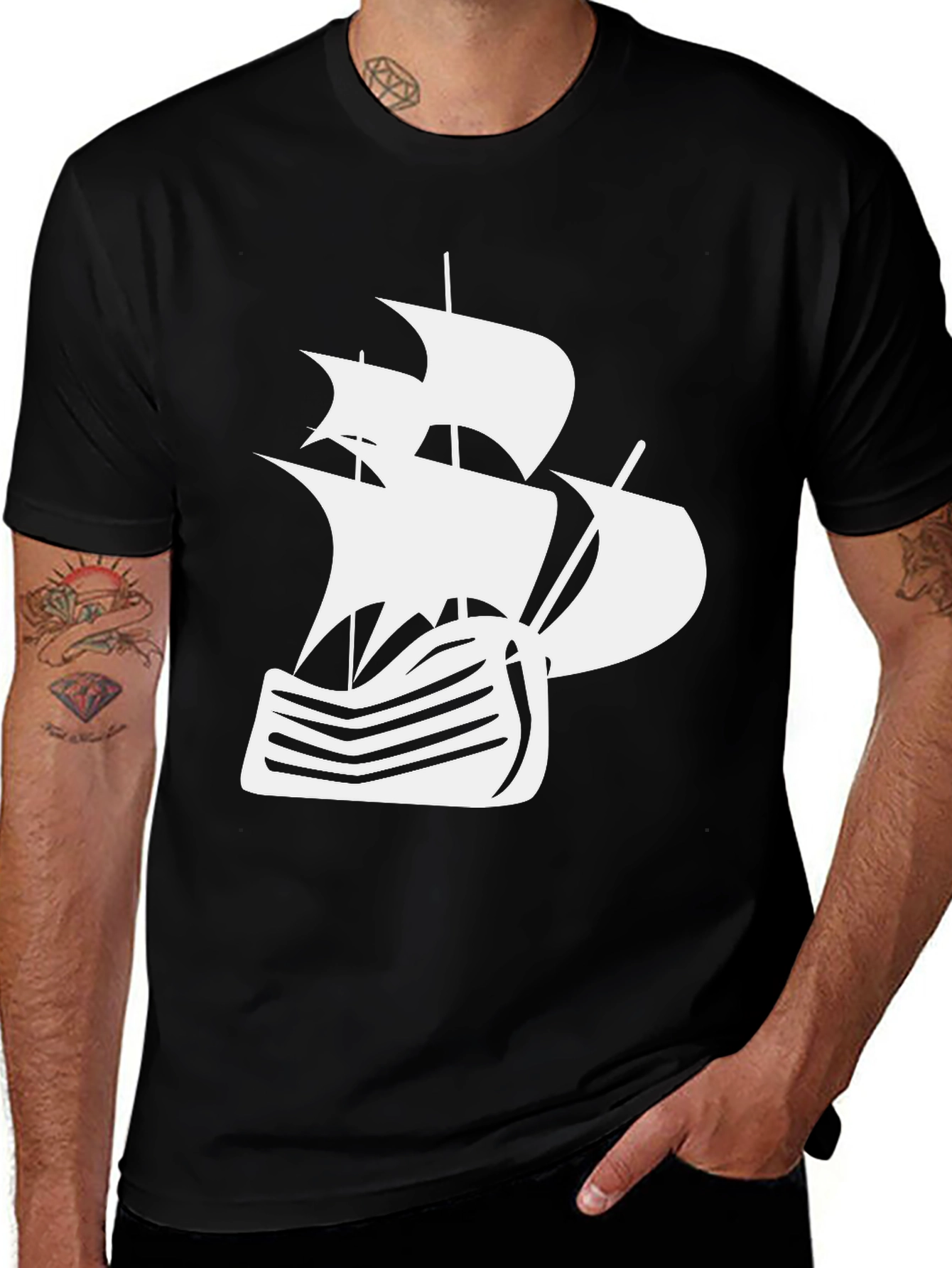 Variant 12 of Nautical Ship Graphic Tee - Black Cotton T-Shirt