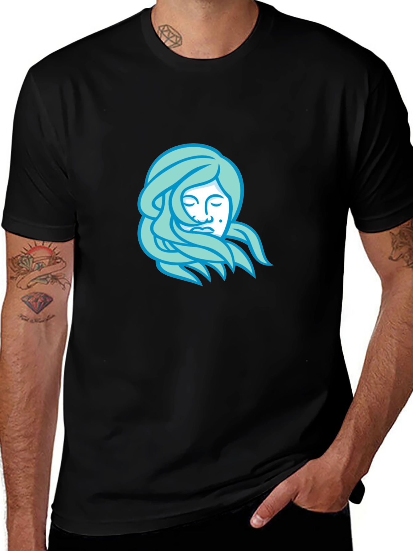 Black T-Shirt with Light Blue Woman Portrait