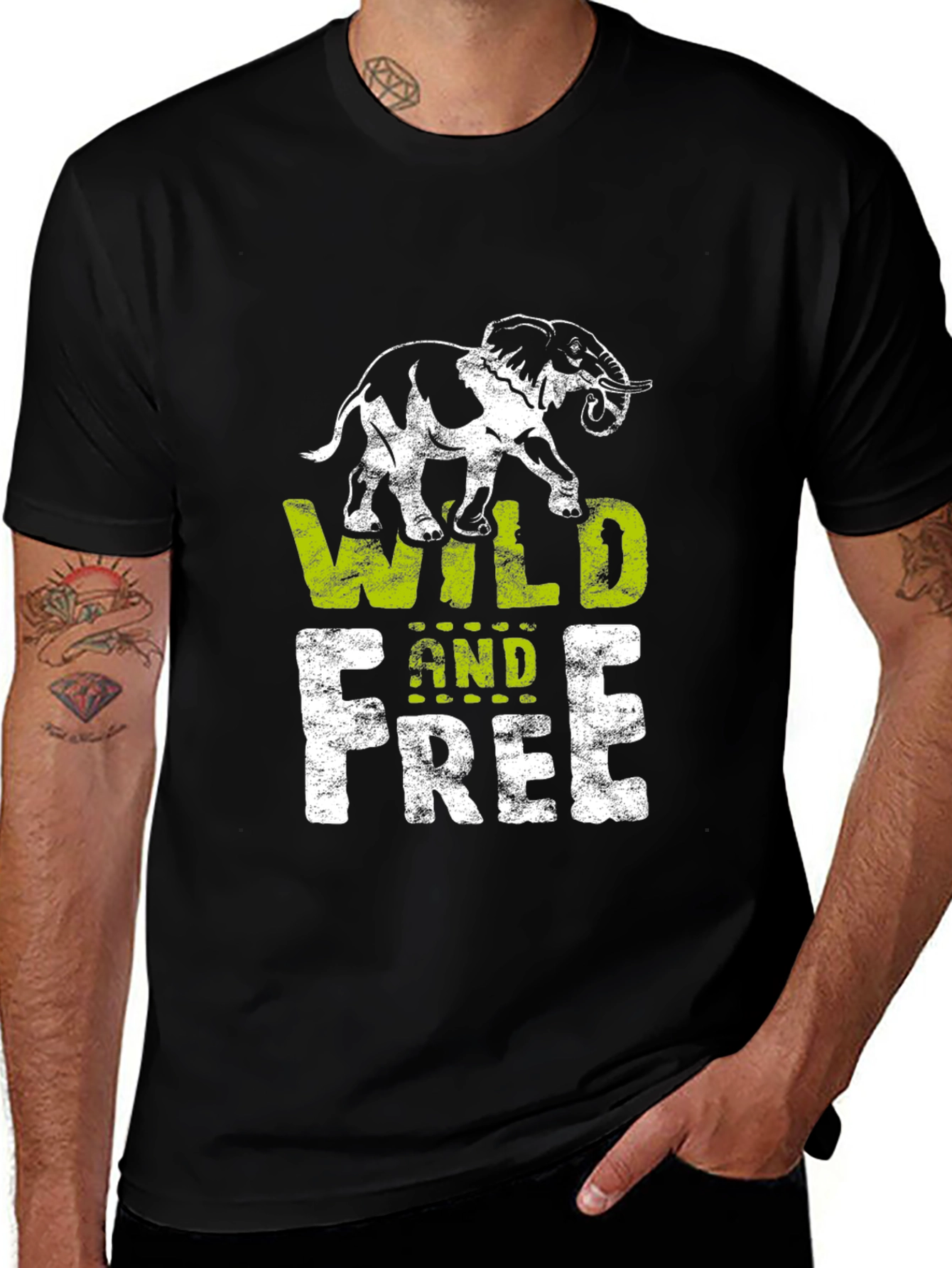 Black Wild and Free Graphic T-Shirt - Elephant Design main image