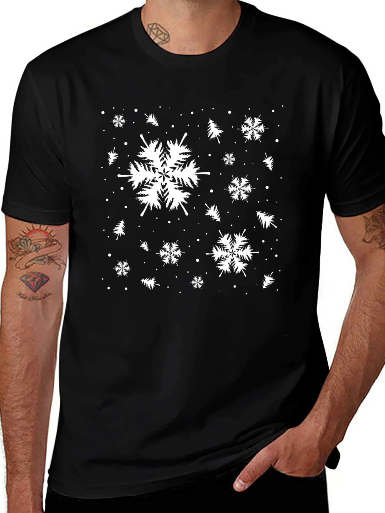 Variant 4 of Winter Snowflake & Pine Tree Print Black T-Shirt
