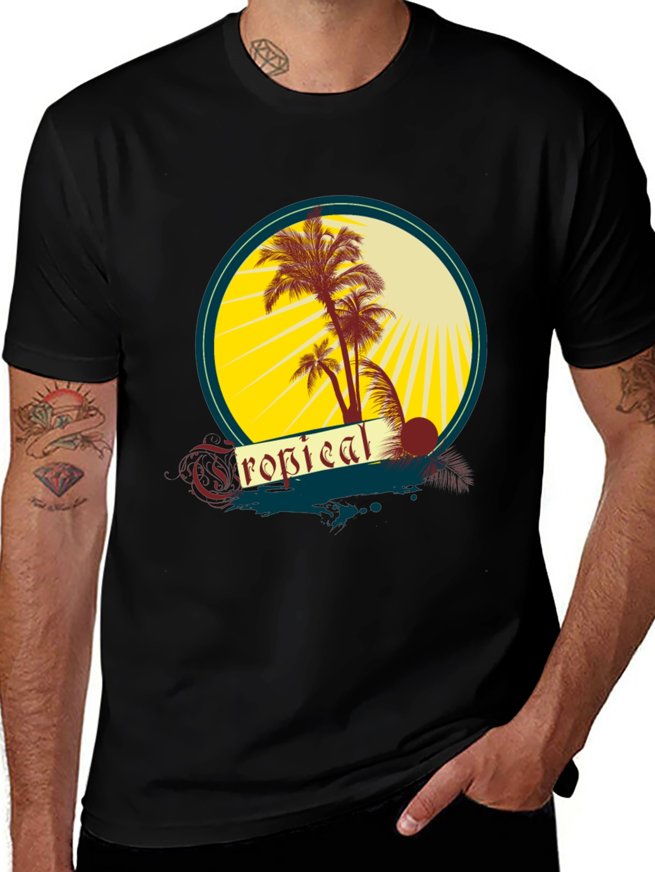 Variant 6 of Tropical Palms Graphic Tee - Black Cotton T-Shirt