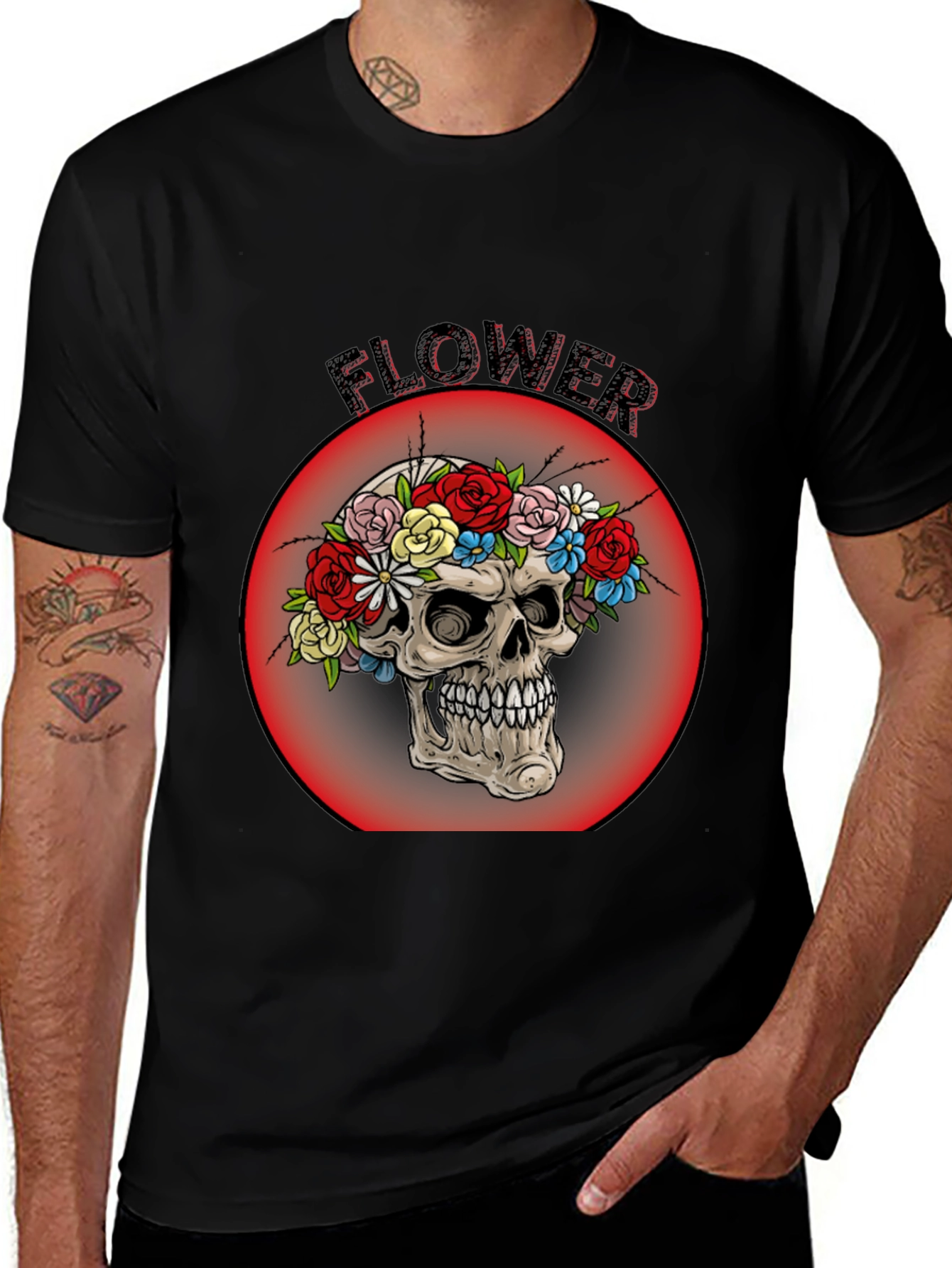 Variant 18 of Floral Skull Graphic Tee - Men's Black T-Shirt
