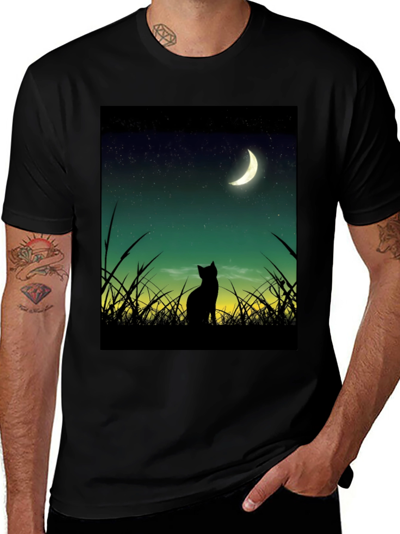 Variant 6 of Black Cat Moon Gazing T-Shirt