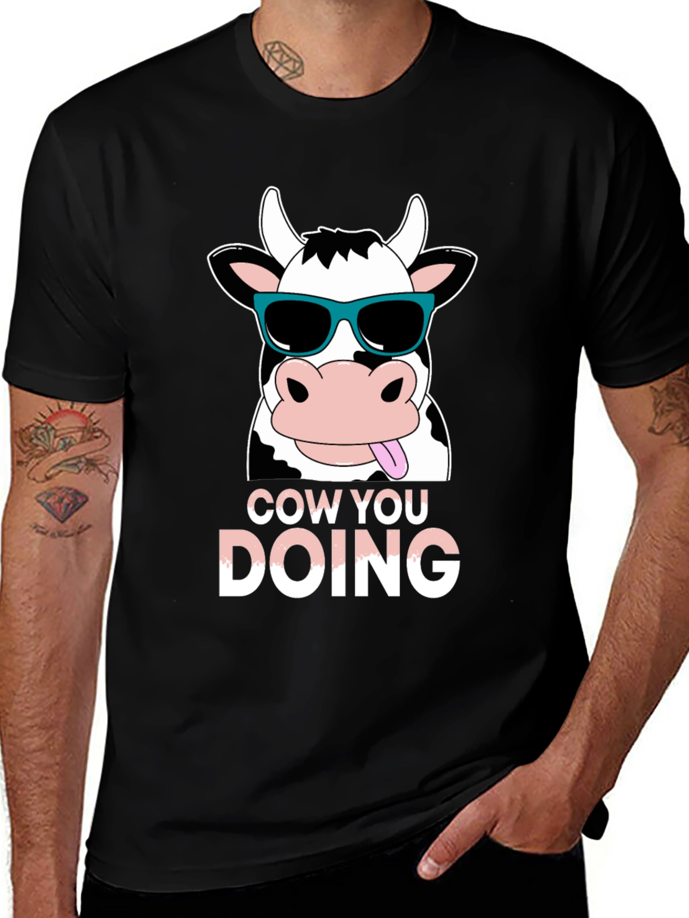 Variant 11 of Cool Cow Graphic Tee - "Cow You Doing?" Black T-Shirt