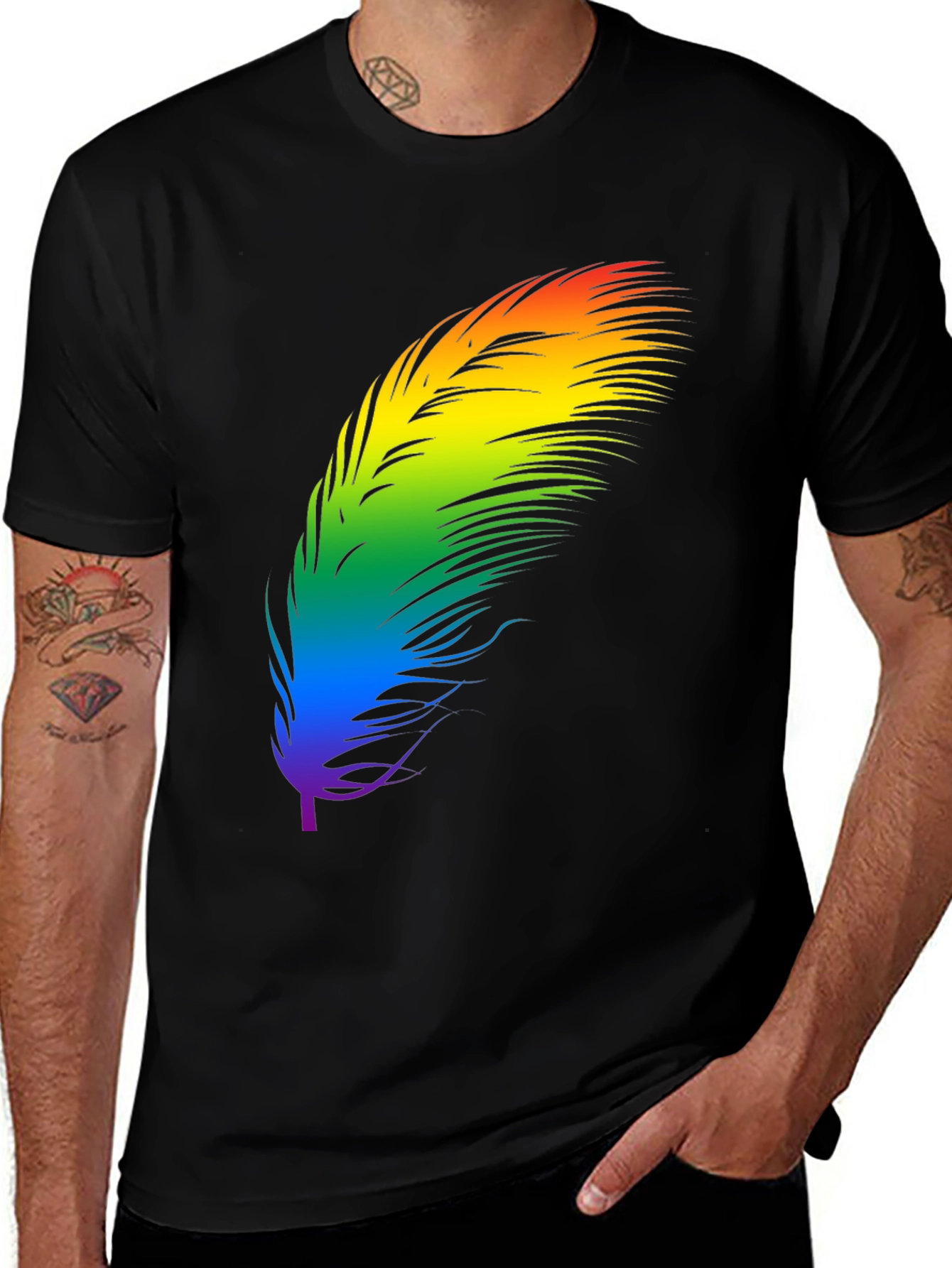 Variant 2 of Rainbow Feather Graphic Tee - Black Cotton Blend Shirt