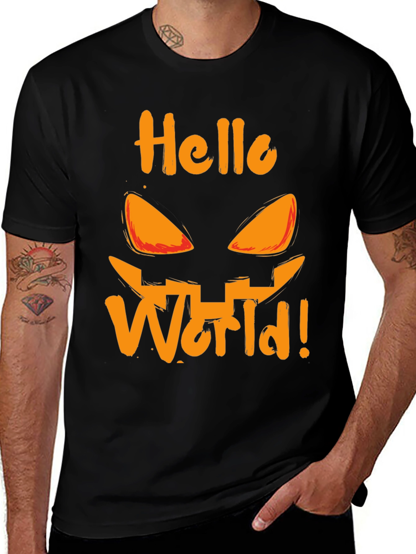Halloween Hello World T-Shirt - Spooky Pumpkin Face Tee